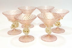 Salviati Venetian Pink and Gold Fleck Dolphin Wine Goblets