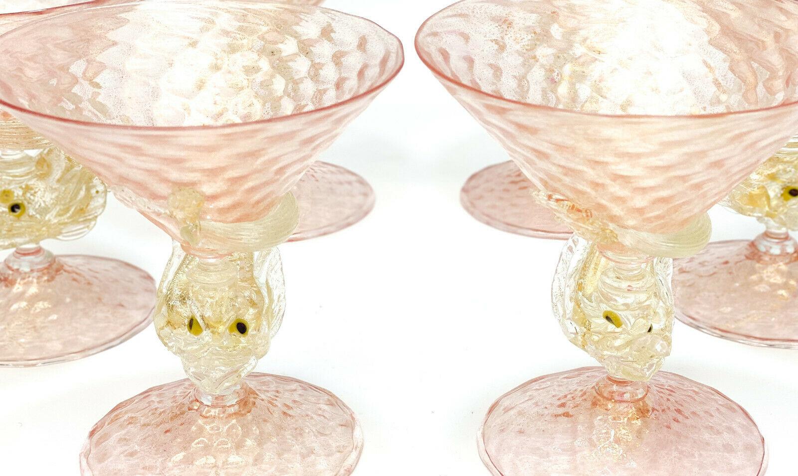 European Salviati Venetian Pink and Gold Fleck Dolphin Wine Goblets For Sale