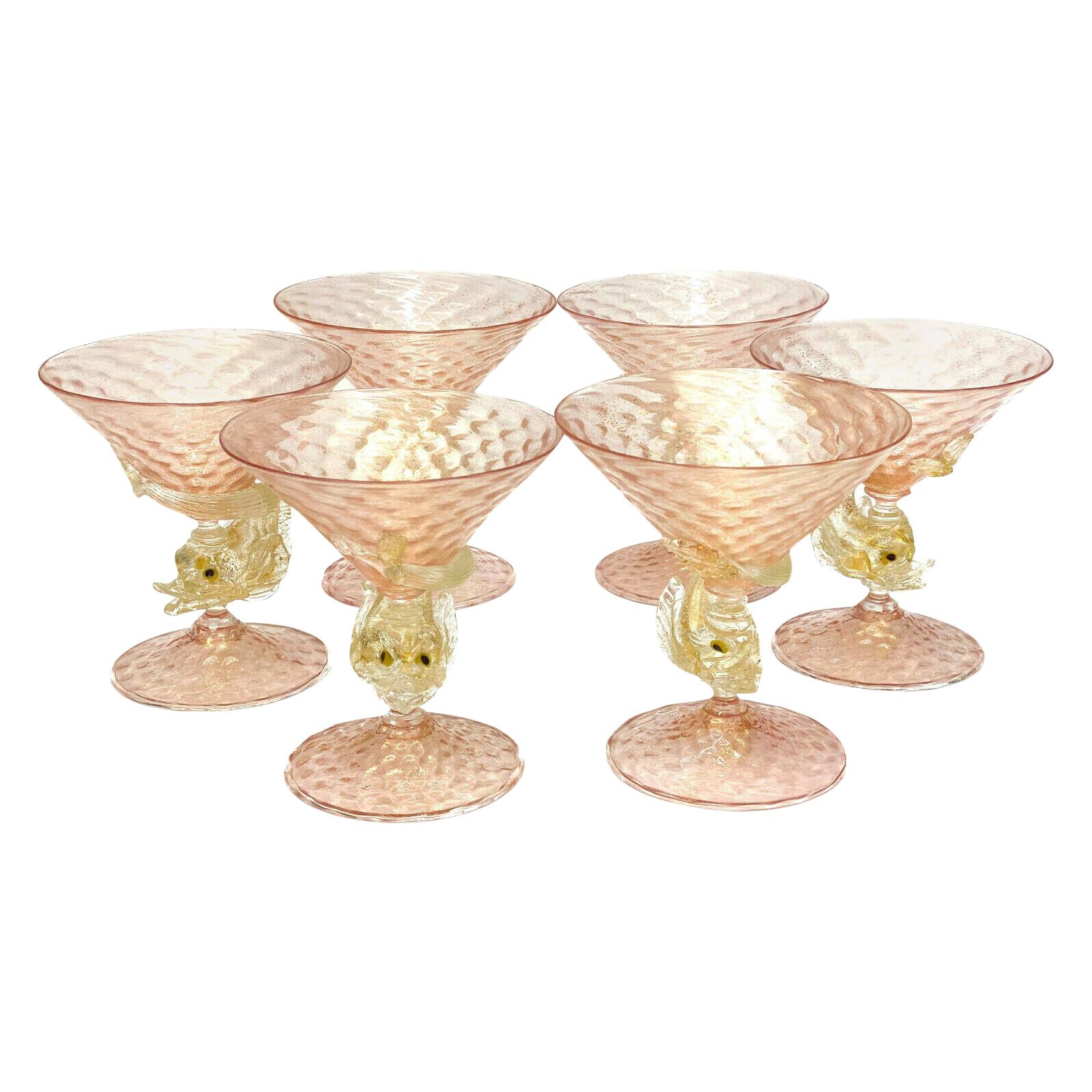 Salviati Venetian Pink and Gold Fleck Dolphin Wine Goblets For Sale