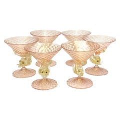 Salviati Venetian Pink and Gold Fleck Dolphin Wine Goblets