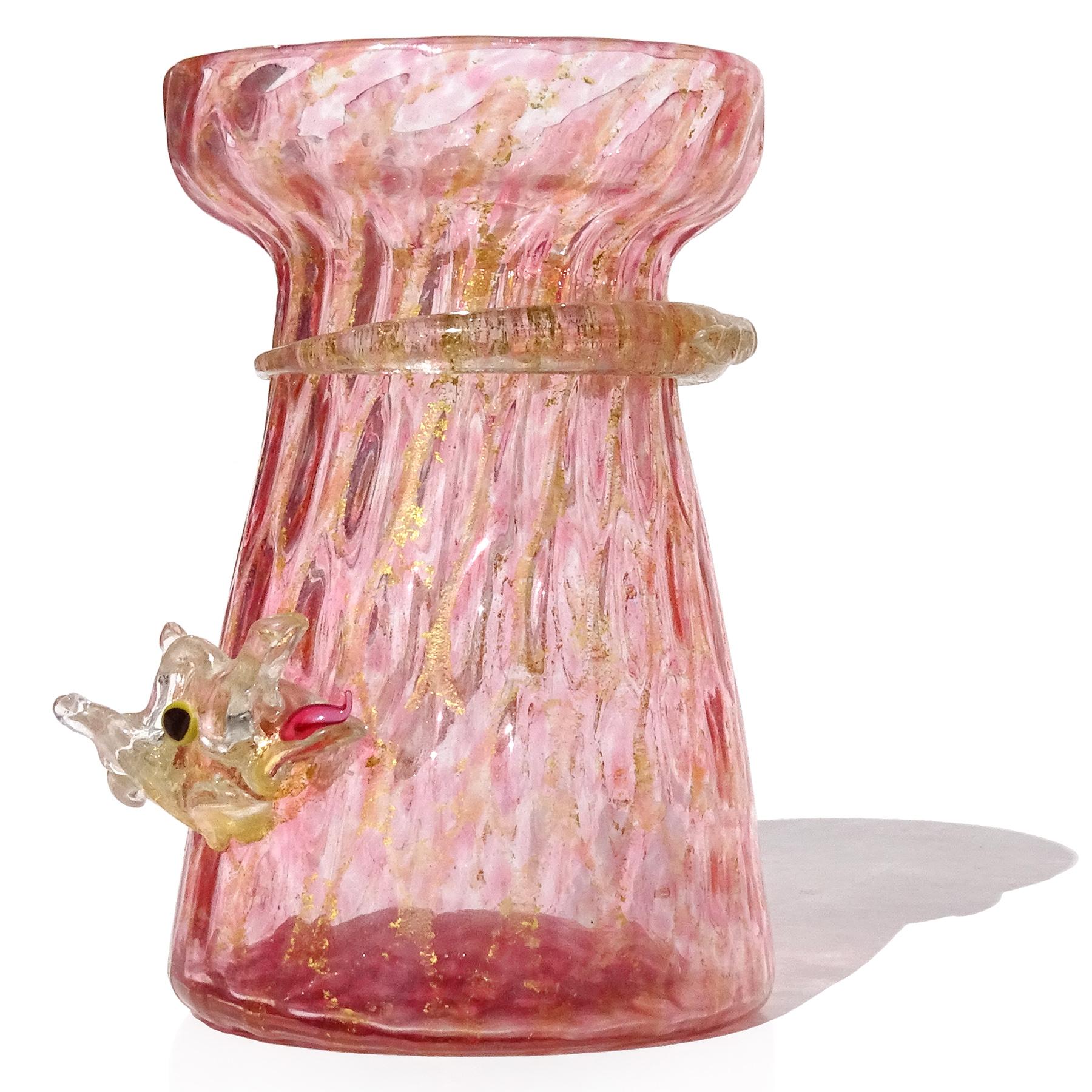 Victorian Salviati Venetian Pink Gold Flecks Dragon Serpent Italian Art Glass Small Vase For Sale