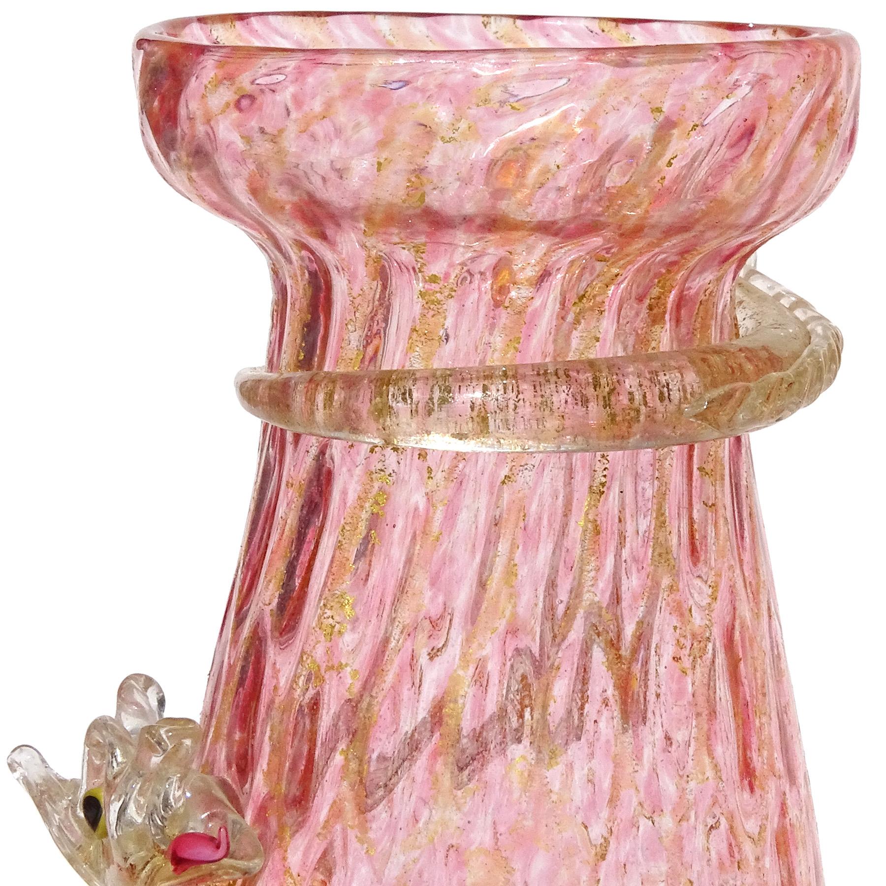 Hand-Crafted Salviati Venetian Pink Gold Flecks Dragon Serpent Italian Art Glass Small Vase For Sale
