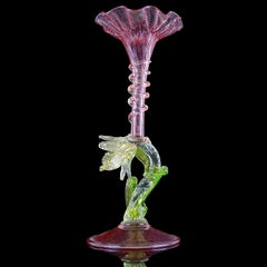 Salviati Venetian Pink Spots Gold Flecks Flower Stem Italian Art Glass Vase