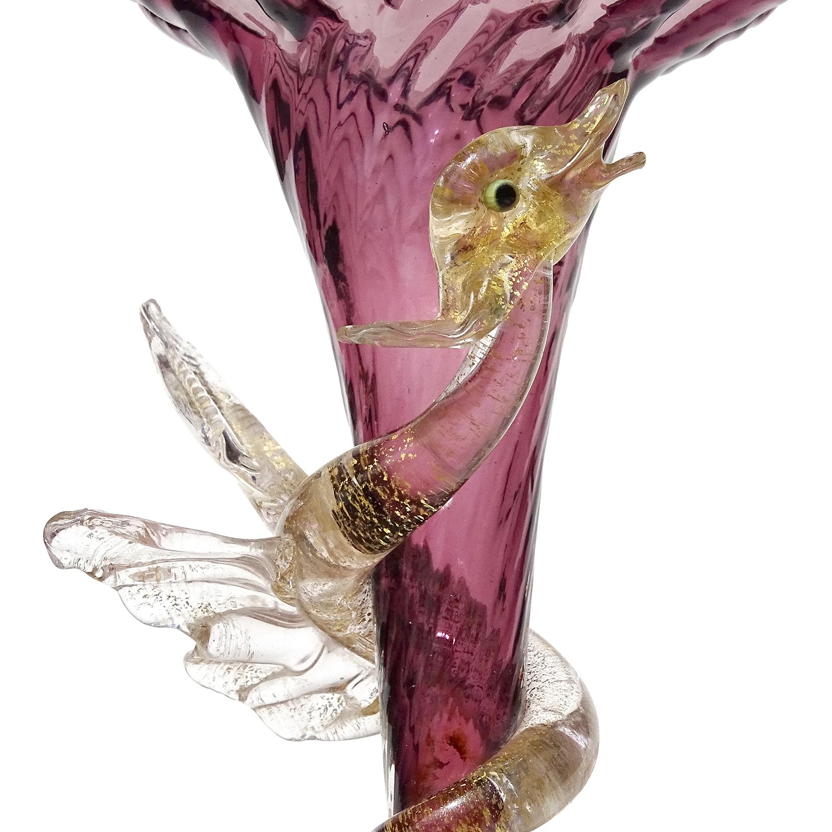 Early Victorian Salviati Venetian Purple Gold Flecks Flying Bird Serpent Italian Art Glass Vase For Sale