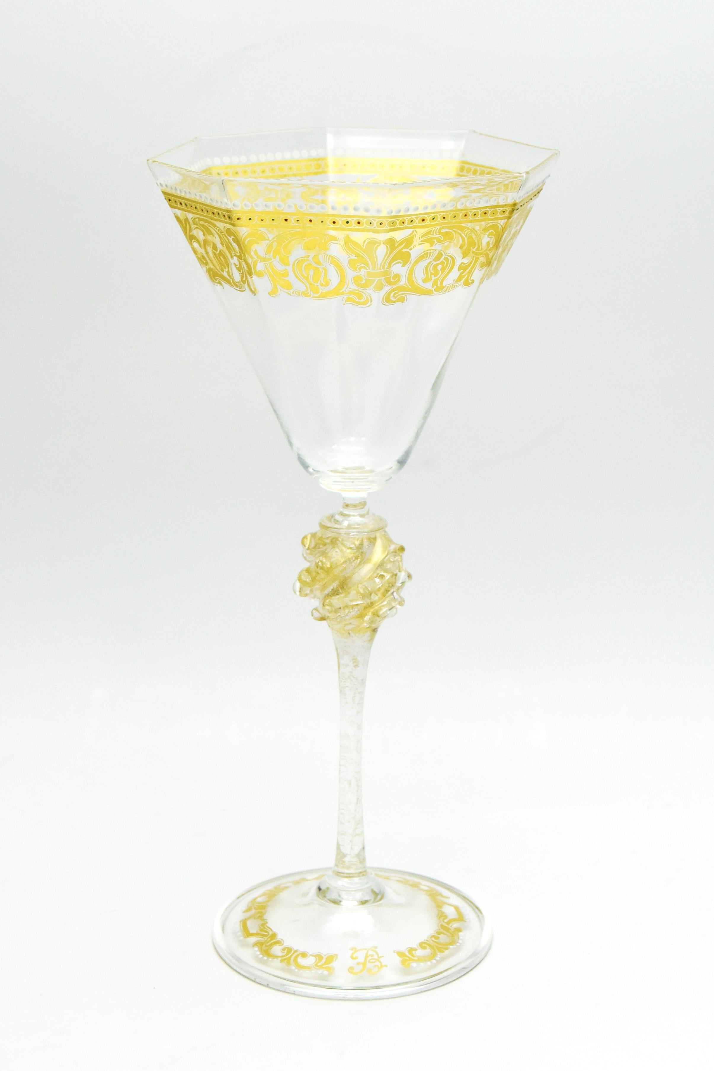 Enameled Salviati Venetian Stemware Octagonal Service with Gold & White Enamel Decoration For Sale