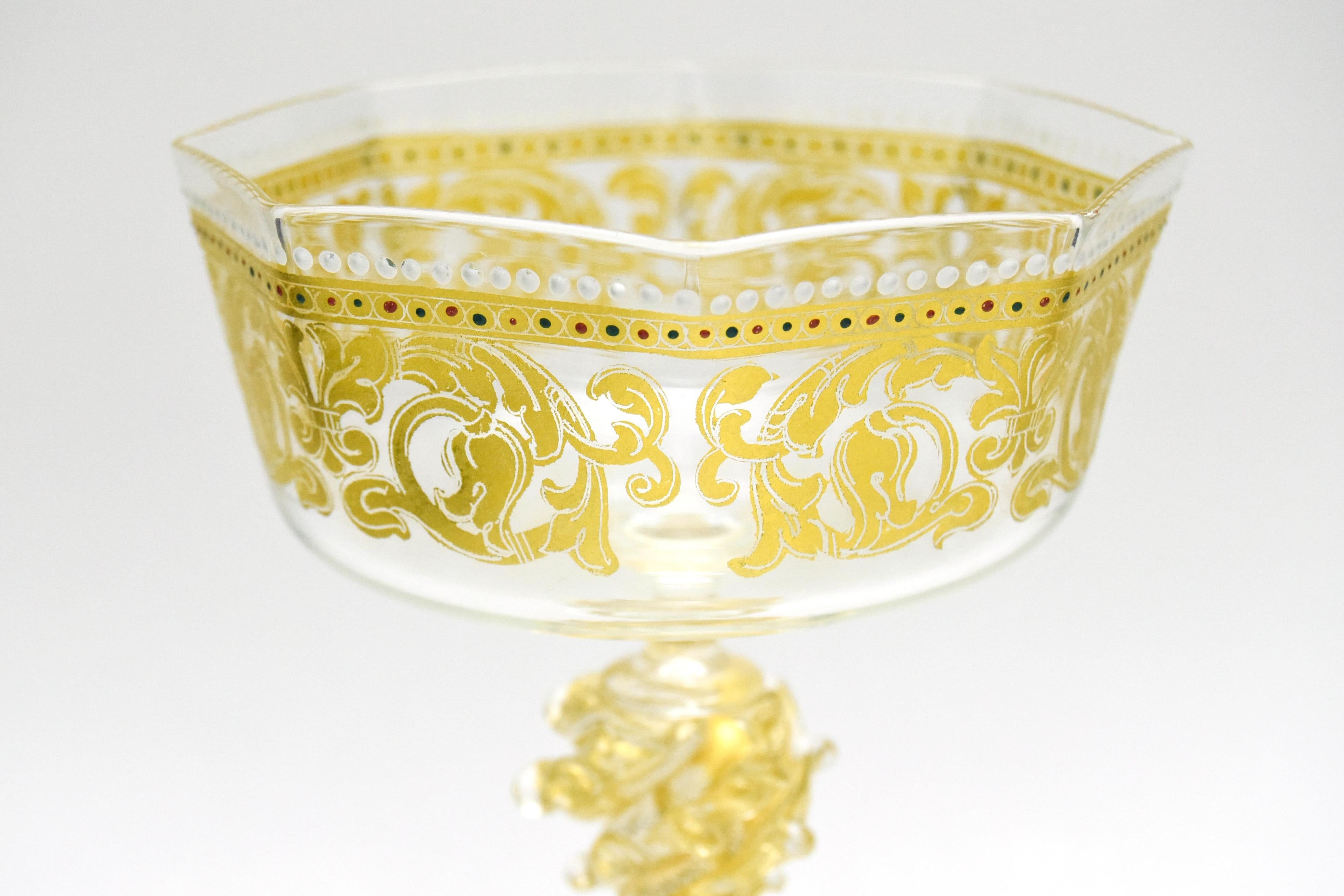 Blown Glass Salviati Venetian Stemware Octagonal Service with Gold & White Enamel Decoration For Sale