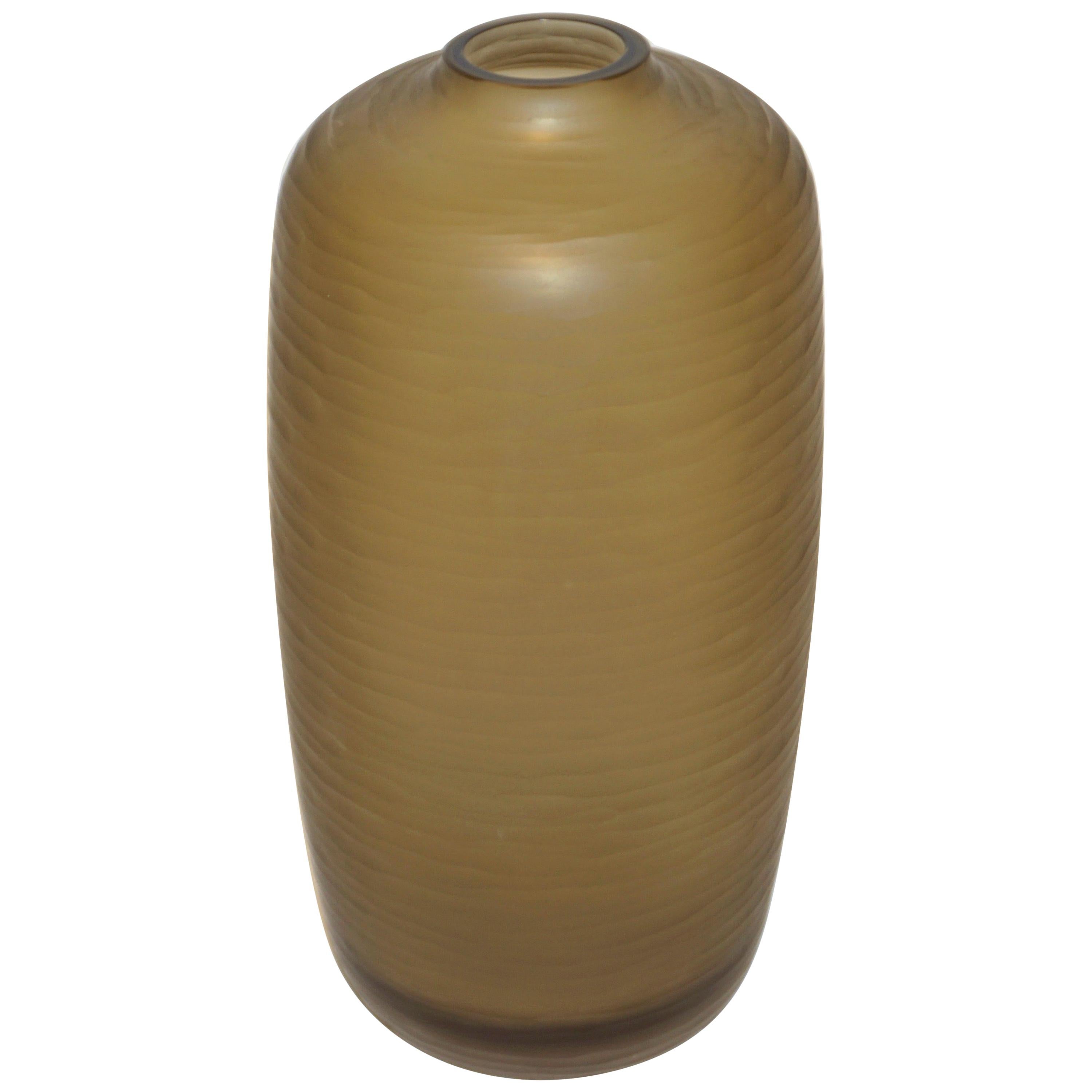 Vintage Italian Smoked Amber Gold Textured Murano Art Glass Minimalist Vase