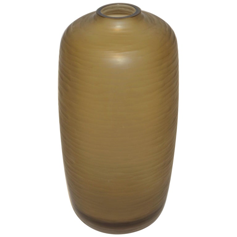 Vintage Italian Smoked Amber Gold Textured Murano Art Glass Minimalist Vase For Sale
