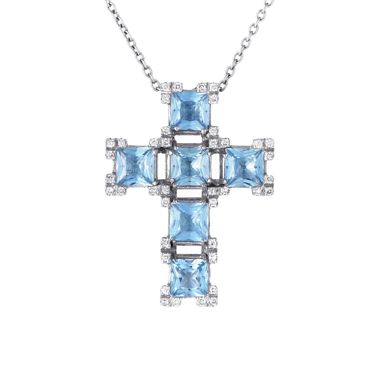 Women's Salvini 18 Karat White Gold Aquamarine and Diamond Crucifix Pendant Necklace