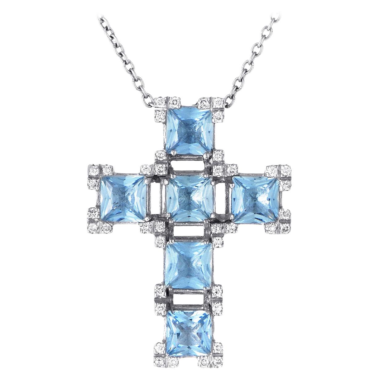 Salvini 18 Karat White Gold Aquamarine and Diamond Crucifix Pendant Necklace
