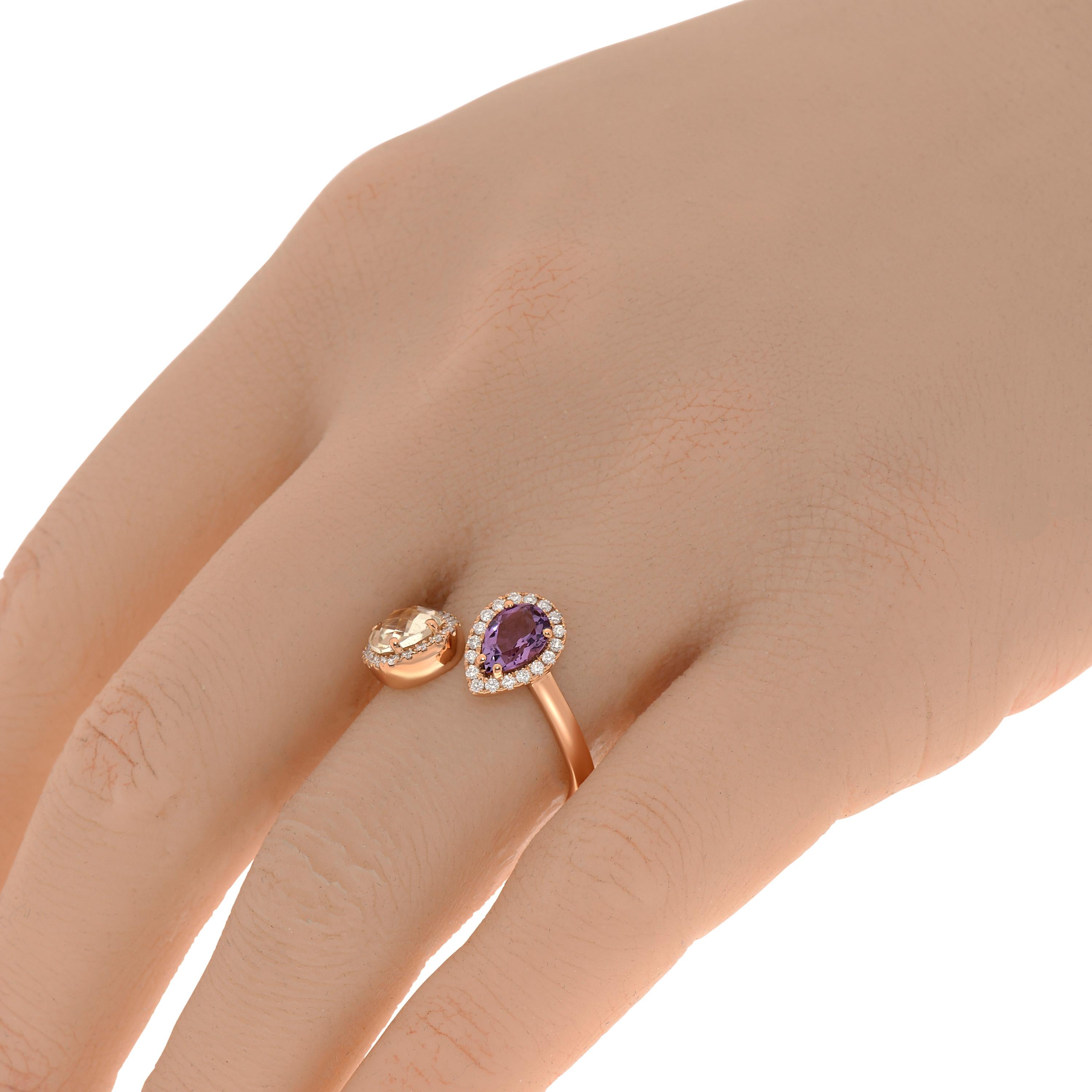 This bejeweled Salvini 18K rose gold wrap ring features glistening 0.25ct. tw. halos adorning marquise amethyst and emerald cut prasiolite. 1.08ct. tw. gemstones. Diamond clarity: VS/SI. Diamond color: G-H. The ring size is 7 (54.4). The band width