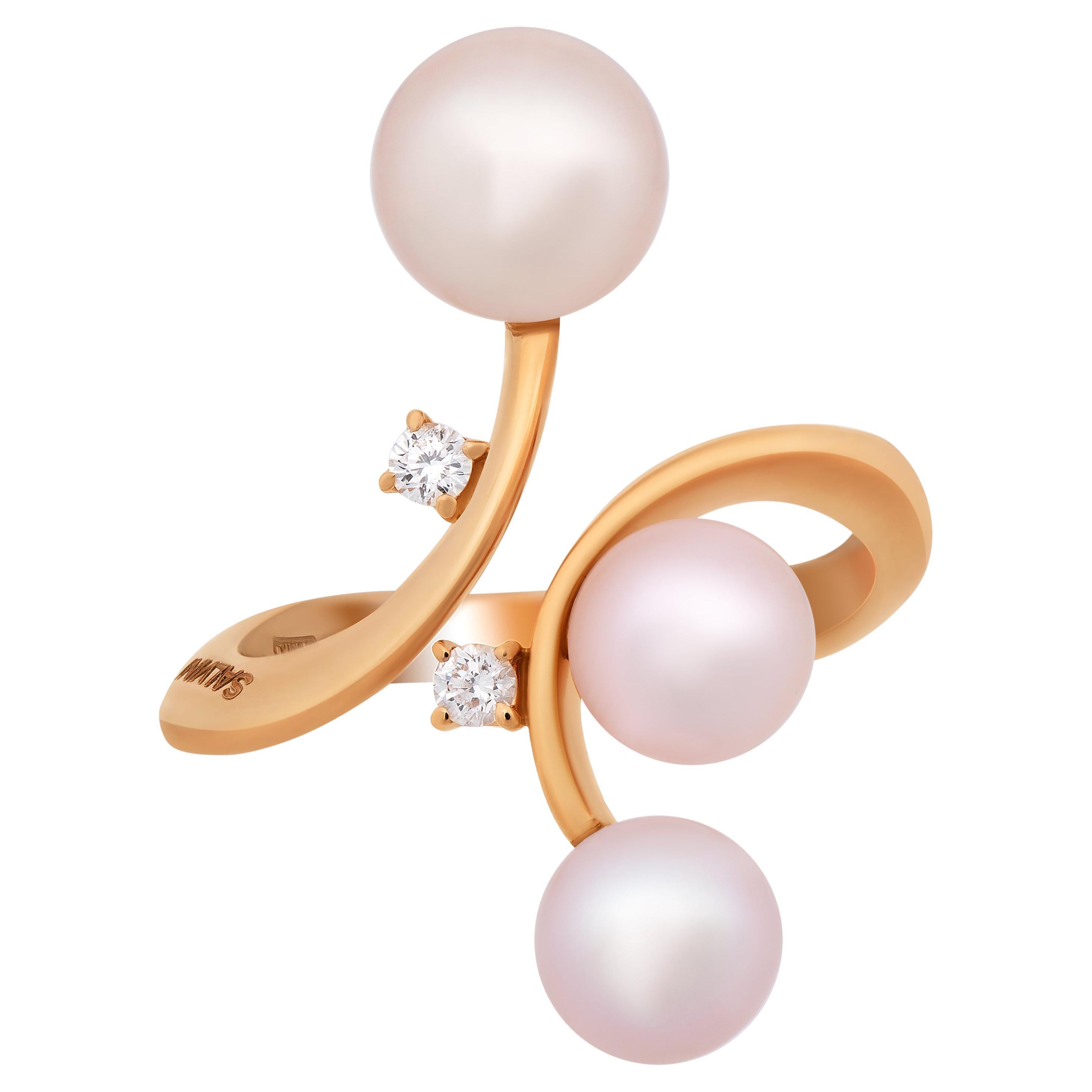 SALVINI 18K Rose Gold, Pearl and Diamond Wrap Ring sz 6.5