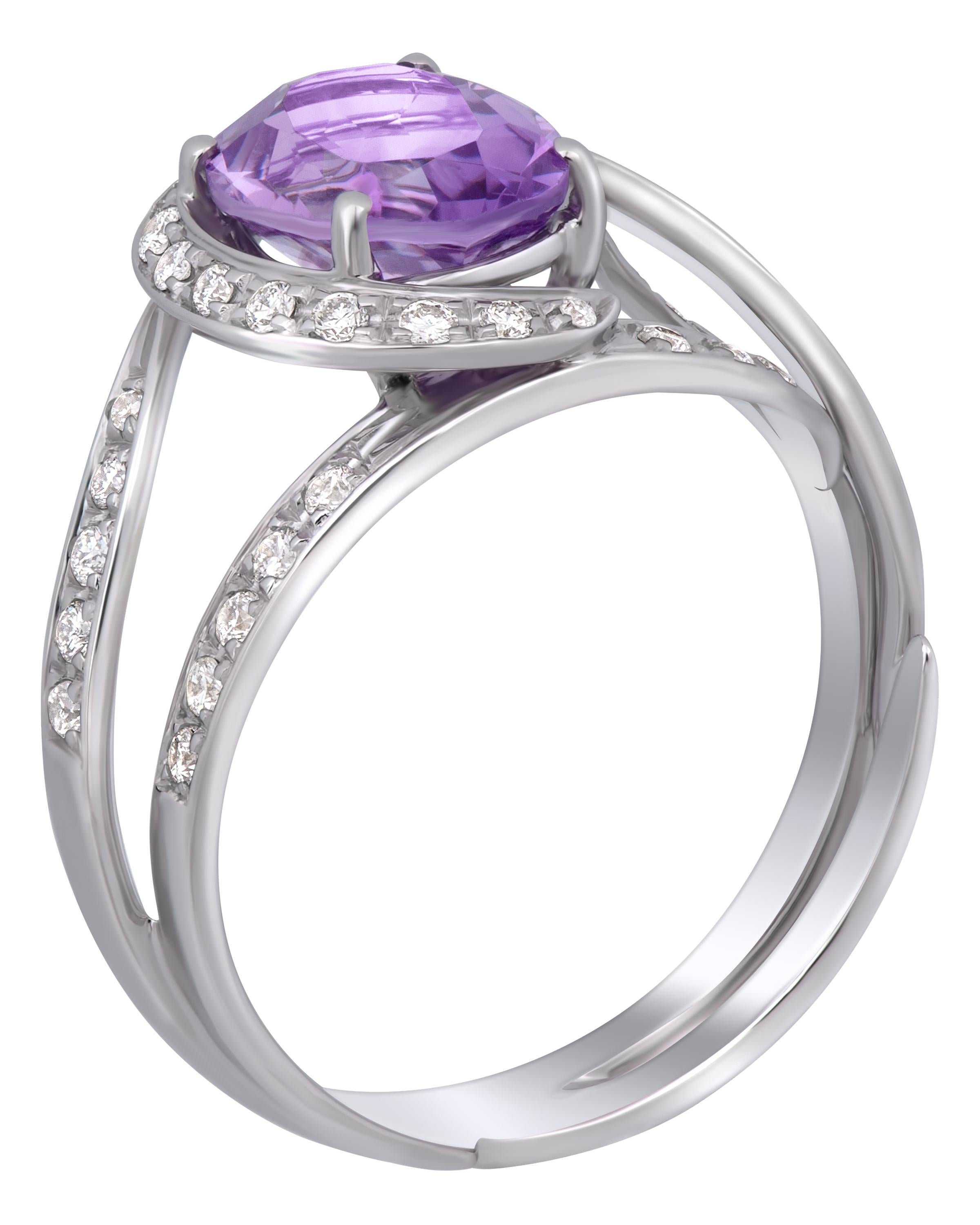 Contemporary Salvini 18K White Gold, Amethyst & Diamond Crossover Ring sz 6.5 For Sale