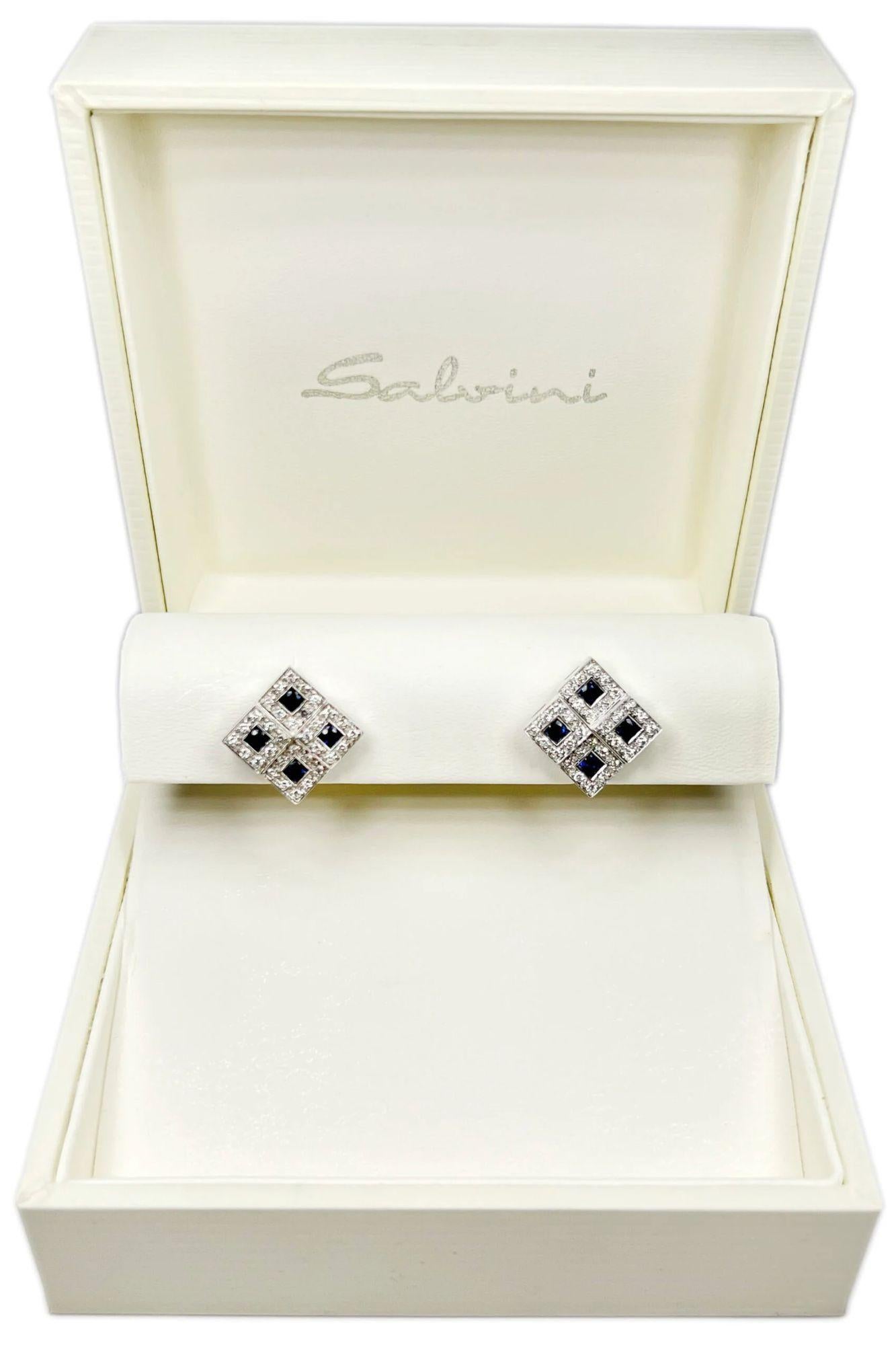 20001143 Salvini earrings These Ladies earrings come in 18K white gold and look like 4 small squares making one big. Each earring is decorated with 4 sapphires surrounded by diamonds.
Earring dimensions:
length - 20mm
width - 20mm
total weight -