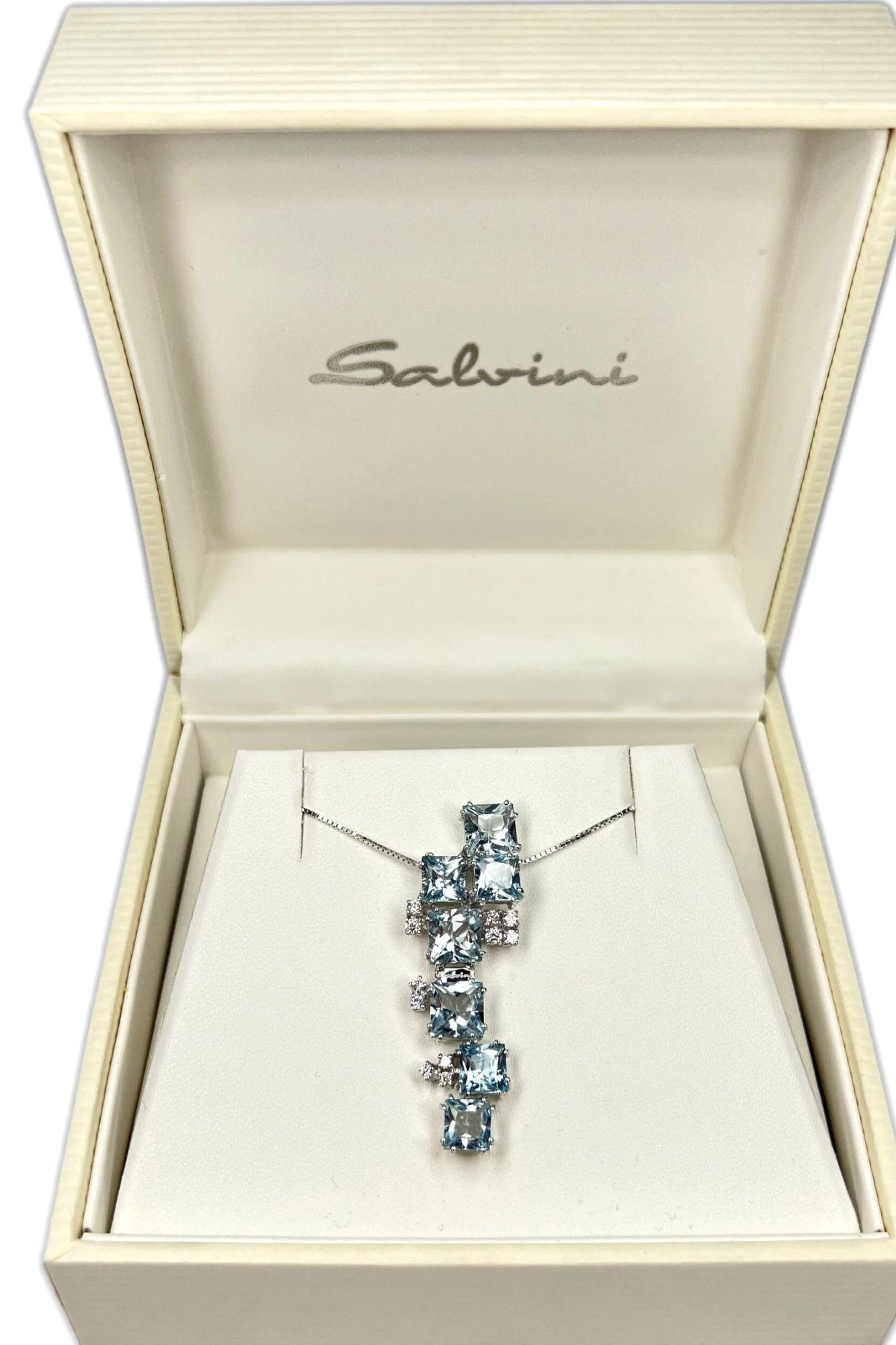 20019406 Salvini pendant This Ladies pendant comes in 18k White Gold. It's decorated with diamonds (0.31 carats in total) and 7 square aquamarines (1.7 grams in total).
Pendant dimensions:
length - 45mm
width - 13mm
chain length - 51.5cm
total