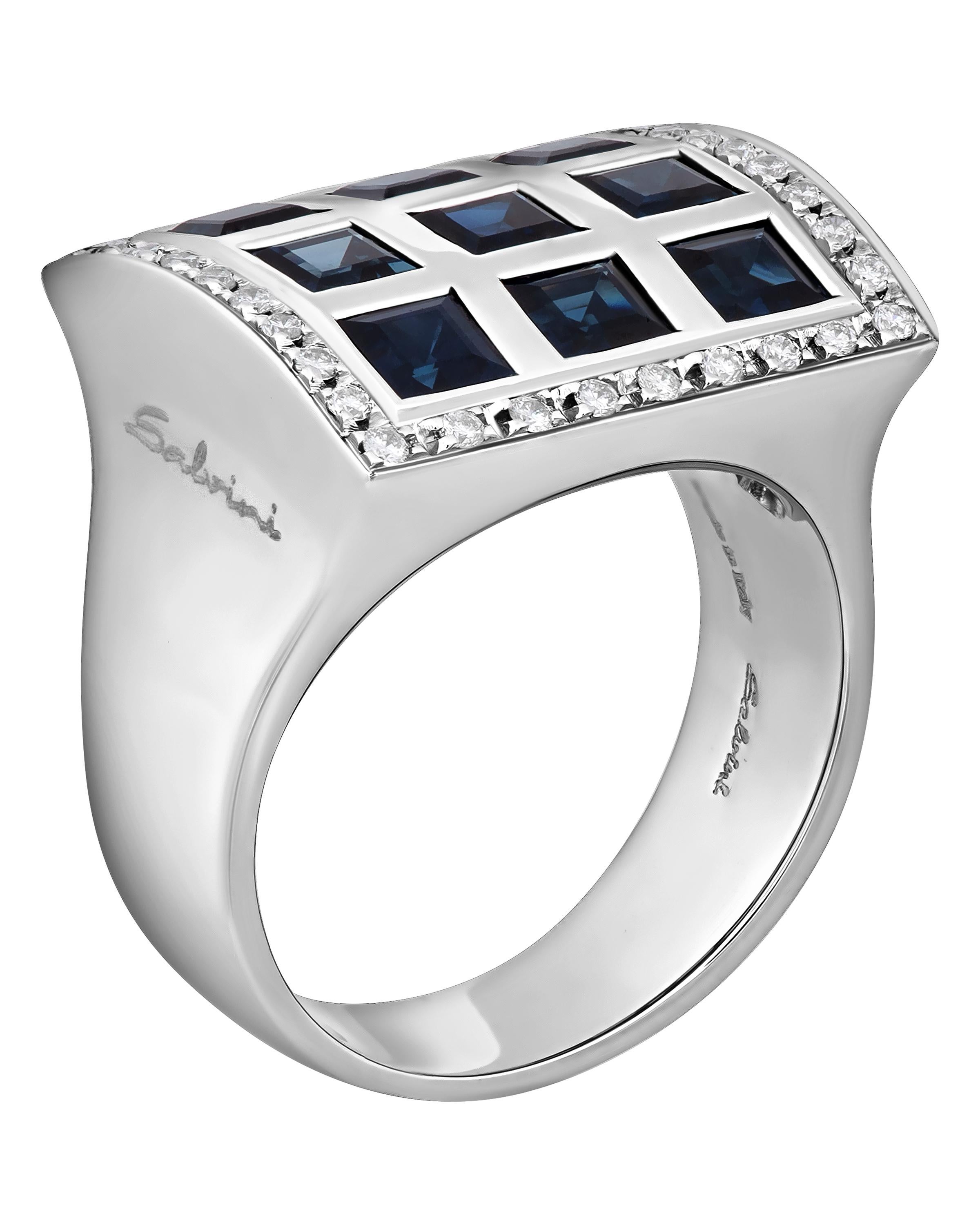Contemporary SALVINI 18K White Gold, Sapphire & Diamond Signet Ring sz 7 For Sale