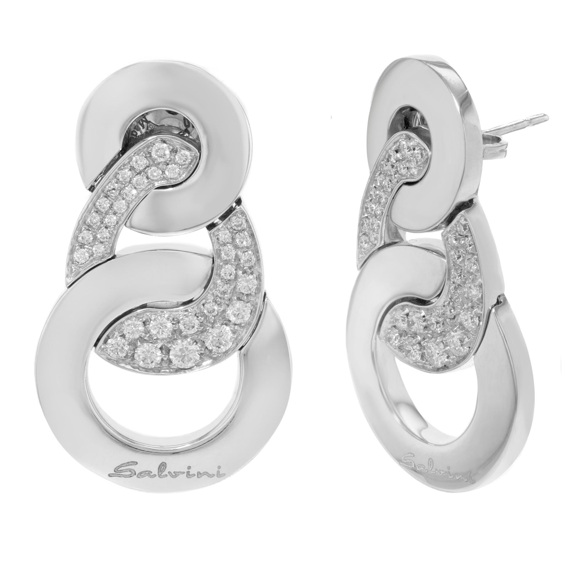 These beautiful earrings by Salvini are crafted in 18k white gold and encrusted with 68 round cut diamonds. Length of the earrings: 35mm, width: 20mm, thickness: 3mm, total weight 13.4 gms. The earrings come with a gift box and an appraisal card.