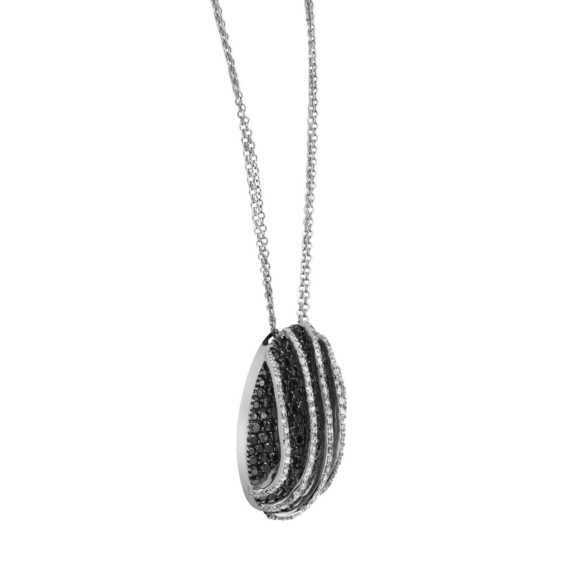 Fun and Fabulous, this dazzling pendant necklace is a perfect accent to your everyday and evening looks and gives a touch of chic to any ensemble you pair it with. It features pave set round cut black diamonds with five curved thin bands studded