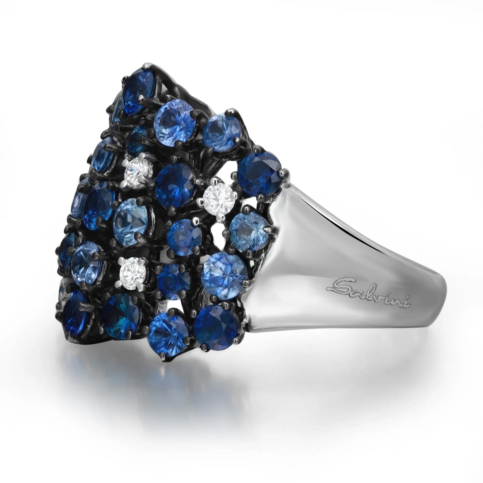 This stunning Salvini cocktail ring comes with a flashy statement look. A must have in your jewelry collection. The ring is crafted in 18K white gold. Features prong set round cut blue sapphires weighing 3.85 carats with 6 prong set round brilliant