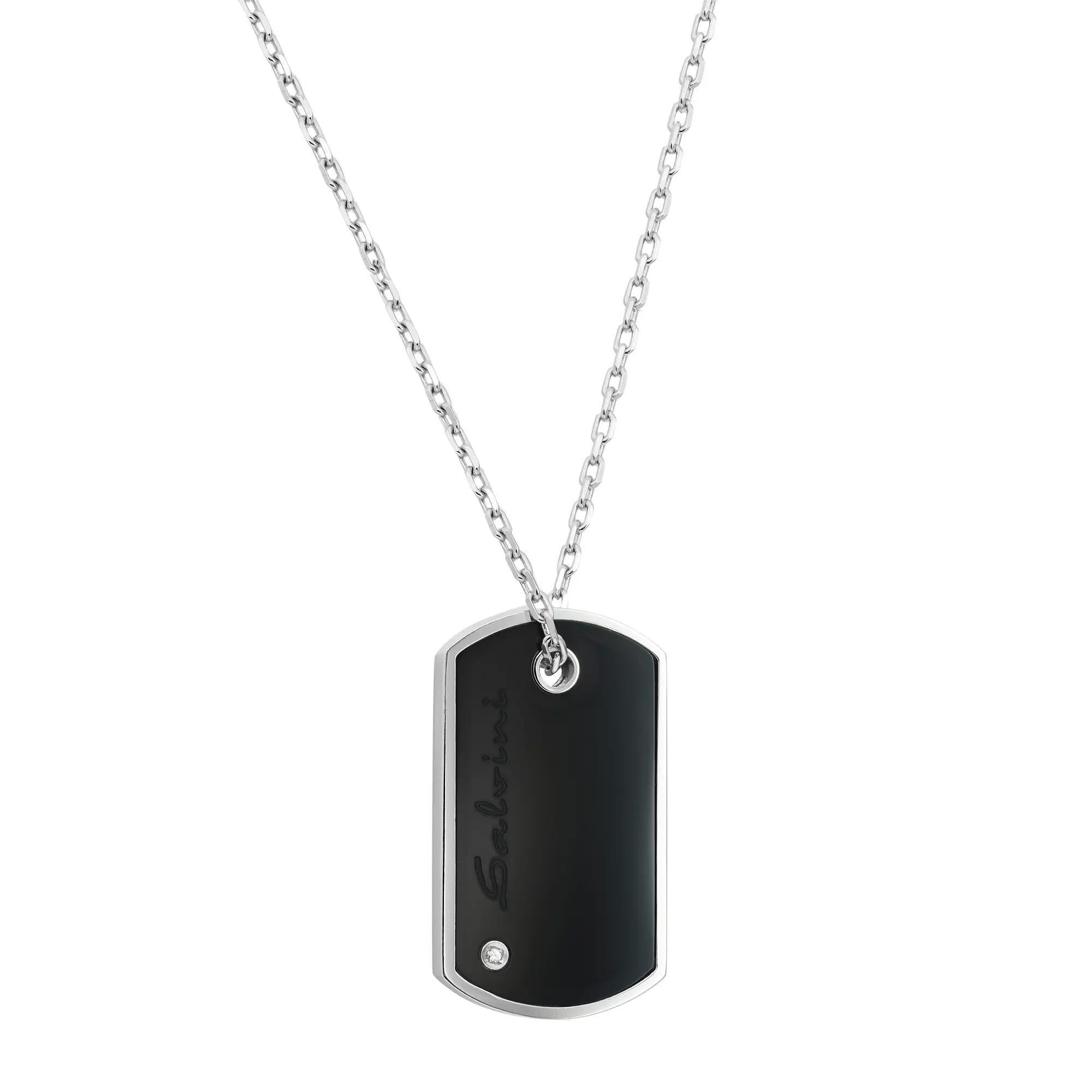 This gorgeous Salvini vertical bar pendant necklace is crafted in highly polished 18K white gold. Featuring a bezel set small round brilliant cut diamond weighing 0.10 carat encrusted on black onyx with engraved Salvini logo. The pendant is