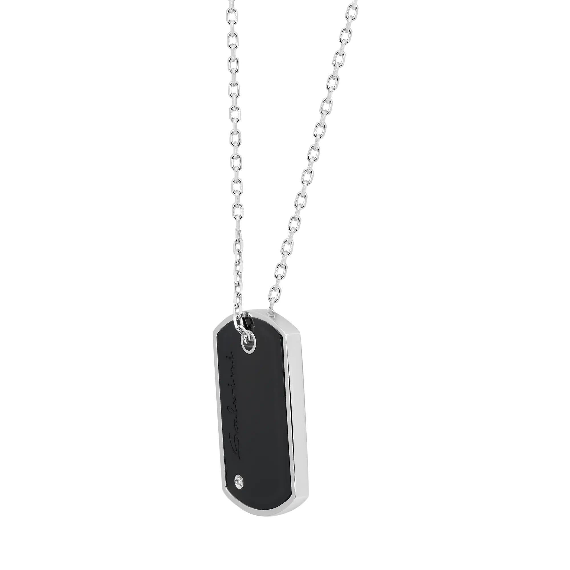 Modern Salvini Diamond And Onyx Bar Pendant Necklace 18K White Gold 0.10Cttw For Sale