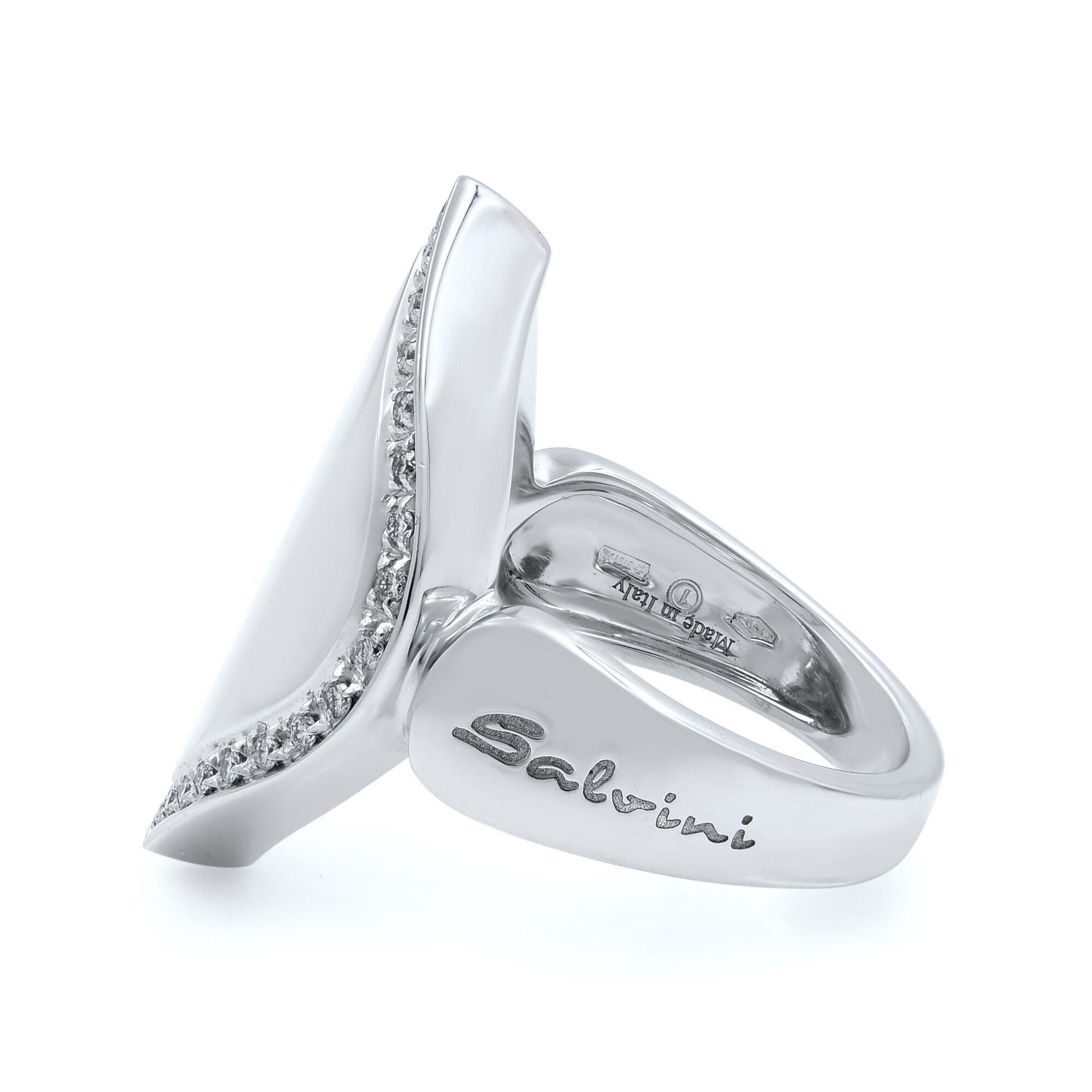 This contemporary design is made by Salvini. The ring is crafted in 18k white gold and encrusted with 32 sparkly diamonds with a total of 0.60 carats. Ring size is 8 and weighs 12.4 grams. Comes with a presentable gift box.