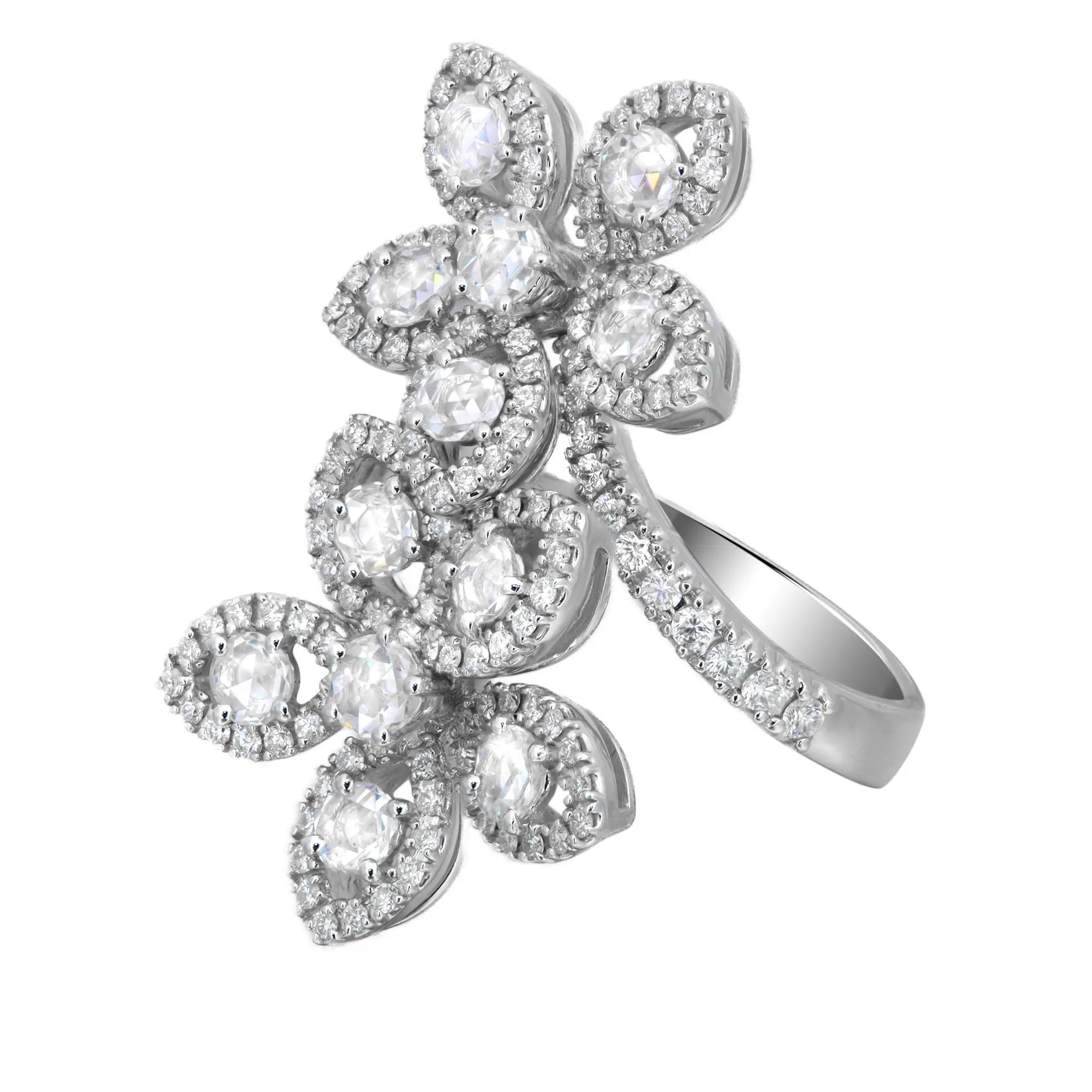 Round Cut Salvini Diamond Double Flower Cocktail Ring 18K White Gold 1.60Cttw Size 6.5