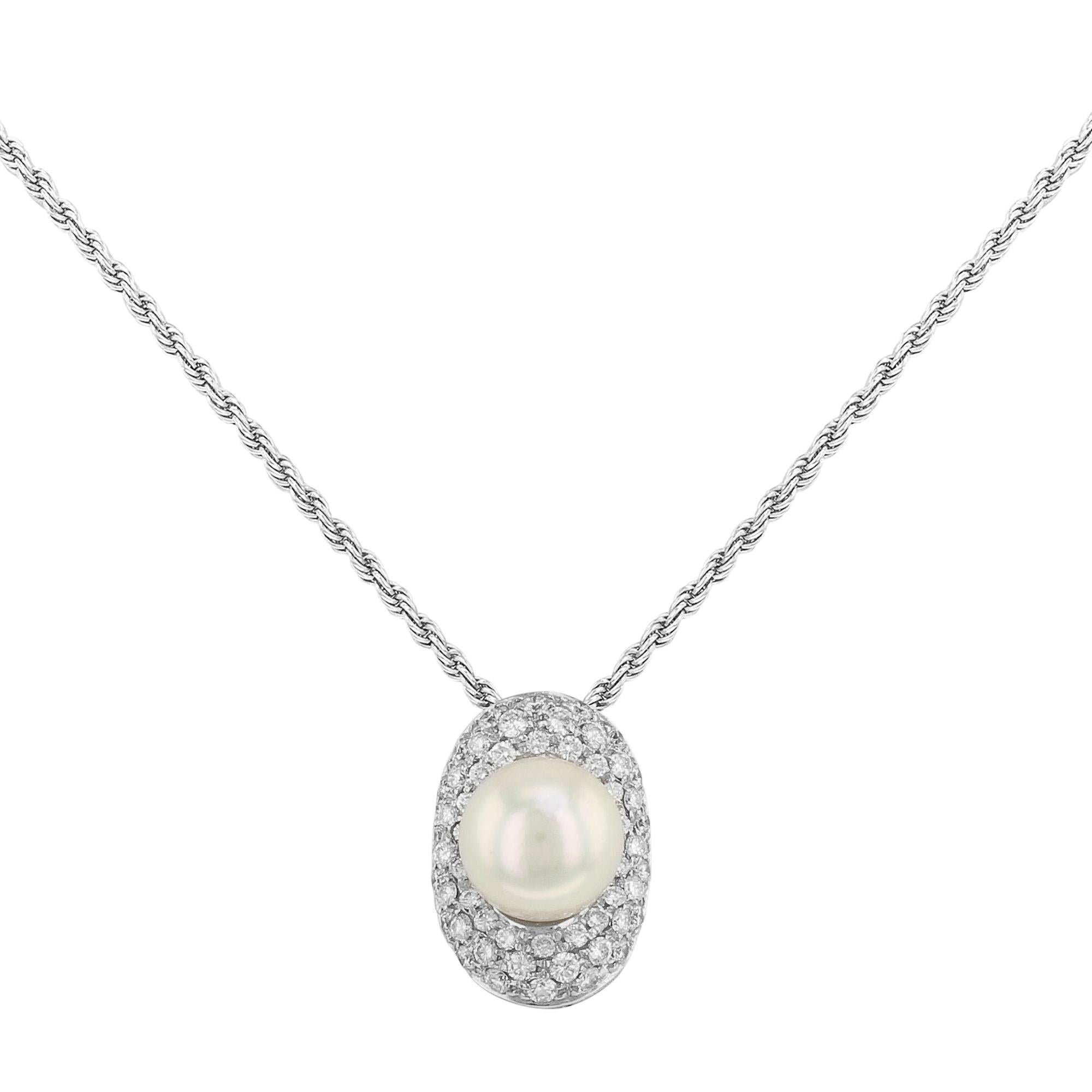 Modern Salvini Diamonds & Pearl Ladies Pendant Necklace 18k White Gold 0.65cttw For Sale