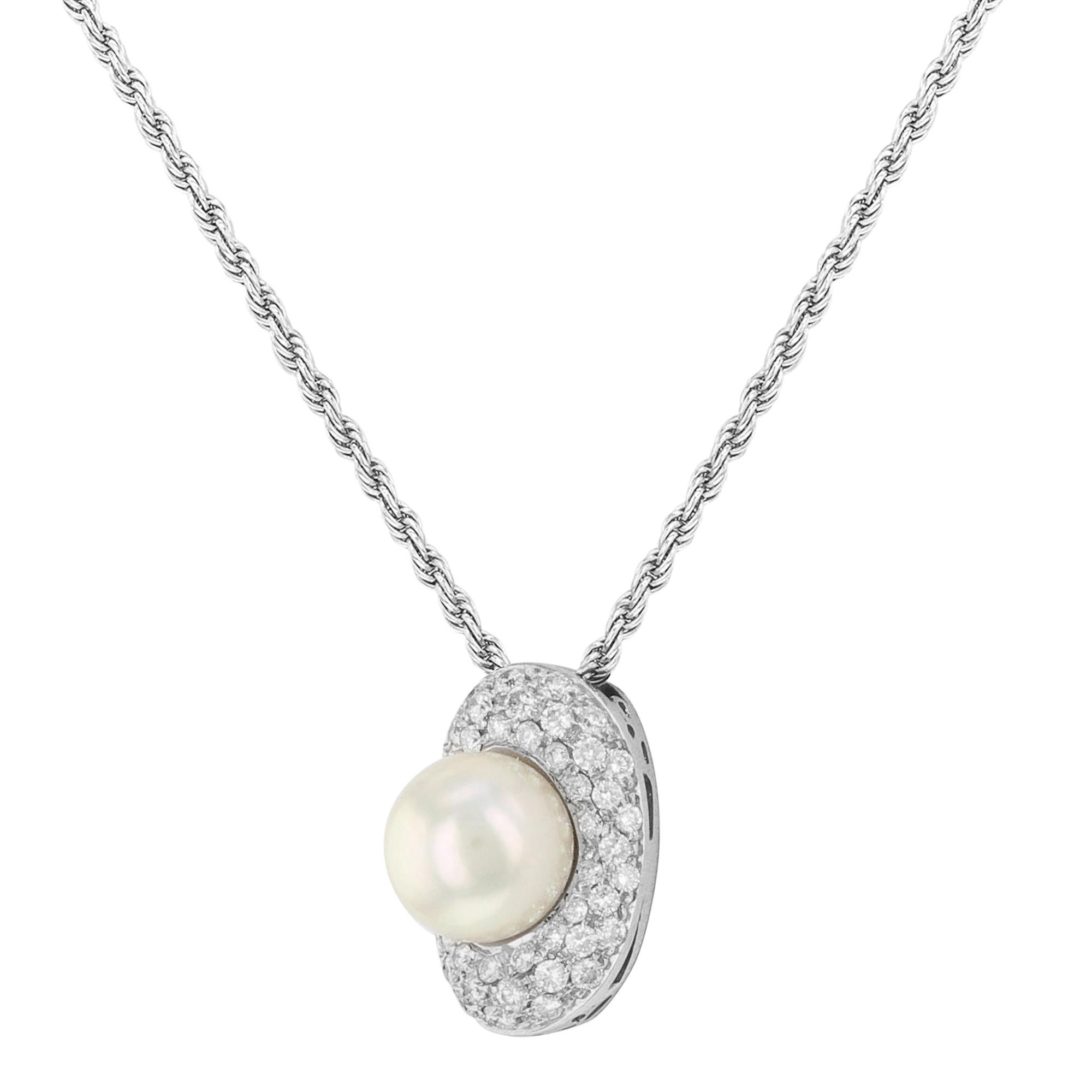 Salvini Diamonds & Pearl Ladies Pendant Necklace 18k White Gold 0.65cttw In New Condition For Sale In New York, NY