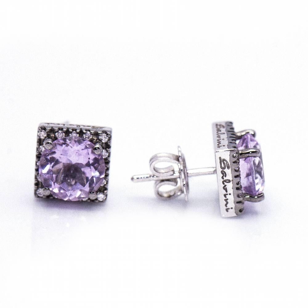 Italian designer SALVINI Diamond and Amethyst earrings for women  32x Brilliant Cut Diamonds with a total weight of 0.20ct.  2x Amethysts of 8mm each in square cut  18kt black rhodium plated white gold  5.46 grams.  Brand new product : Ref.: