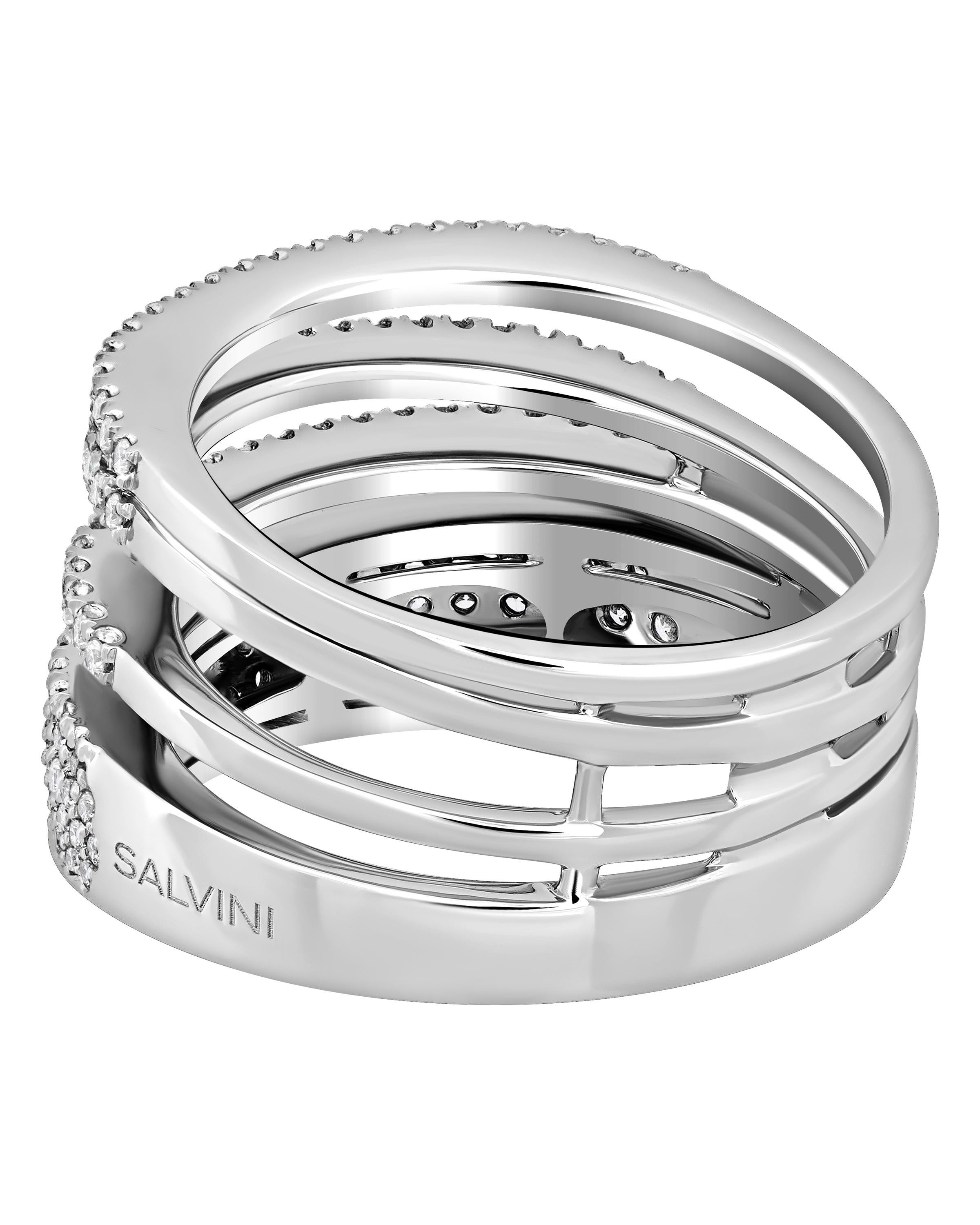 This brilliant Salvini 18K White Gold Puzzle Ring features four white gold bands adorned with diamond 0.80ct. tw. The ring size is 6.75. The band width is 9.2mm. The weight is 10.5g. This designer jewelry is shipped with a Salvini Box.
