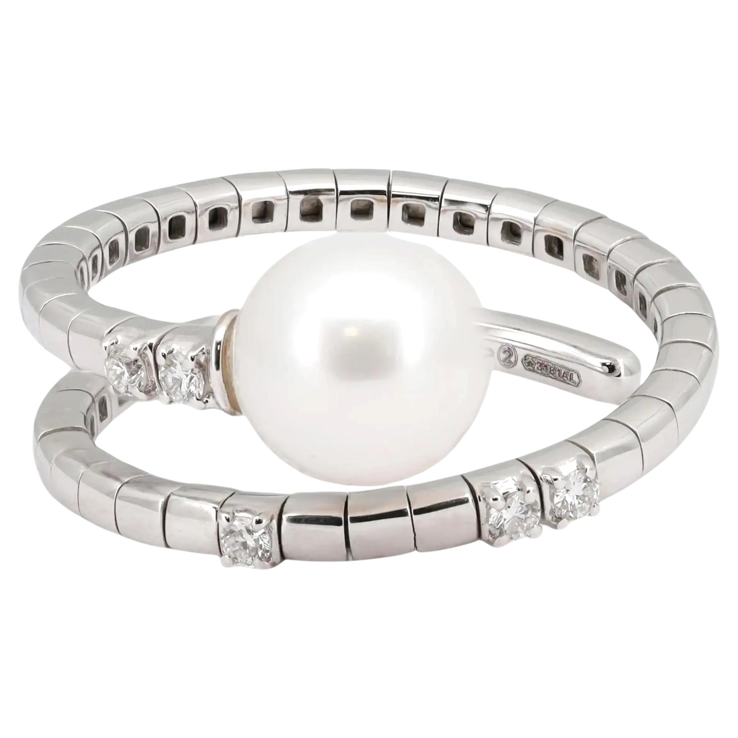 Salvini Pearl & Diamond Spiral Wrap Ring 18K White Gold Size US 6.5-8 For Sale