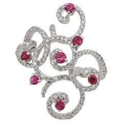 Salvini Ruby & Diamond Swirl Cocktail Ring 18K White Gold Size 6.75