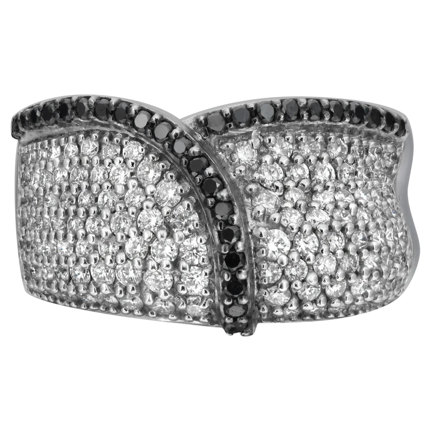 Salvini White & Black Diamonds Cocktail Band Ring 18K White Gold 1.40 Ctw SZ 6.5
