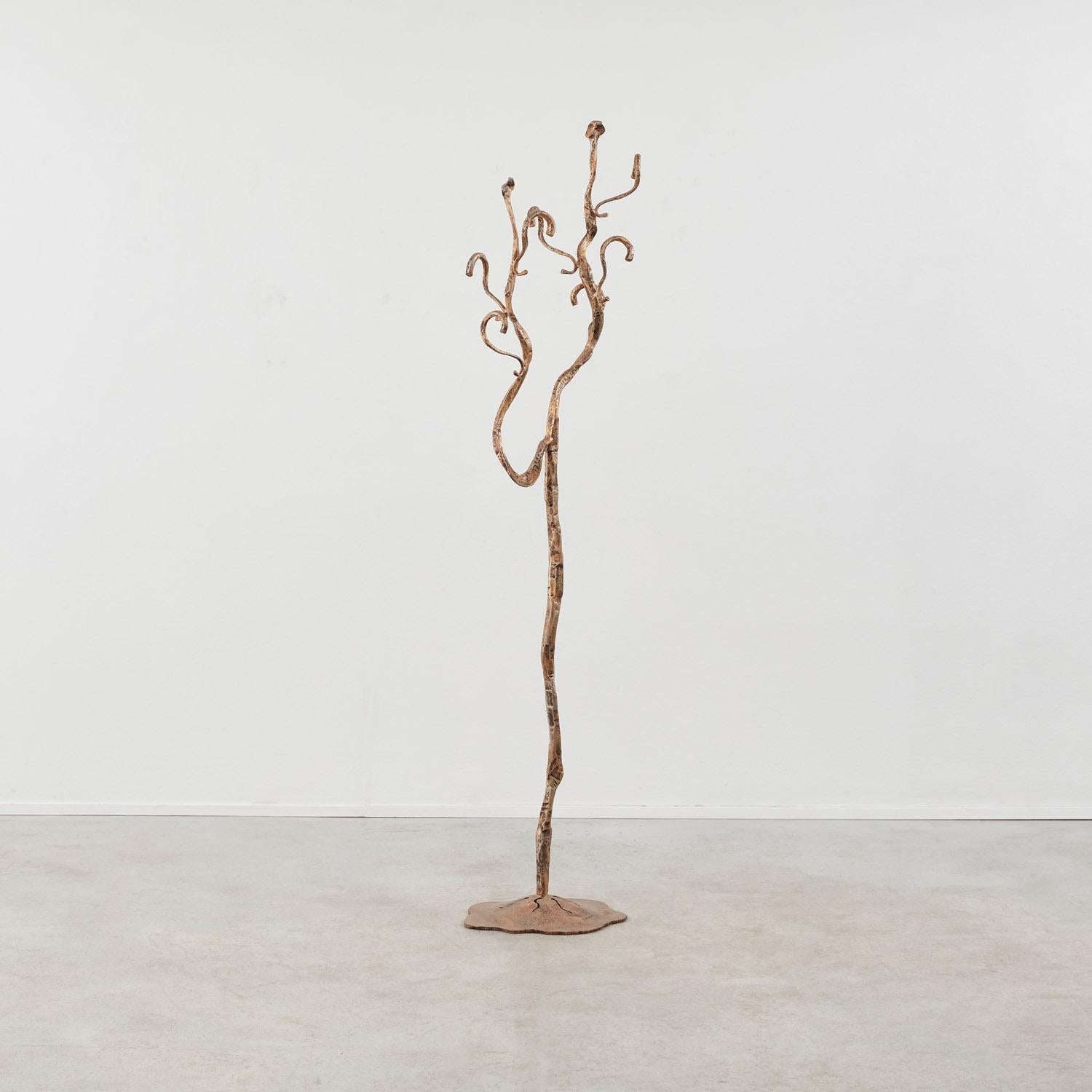 Una sensibilità surrealista guida le curve di questo appendiabiti delicatamente lavorato. I rami tesi si arricciano, forme simili a boccioli emergono da una base simile a un petalo.

Salvino Marsura (1938-2020) è stato un artigiano metalmeccanico.