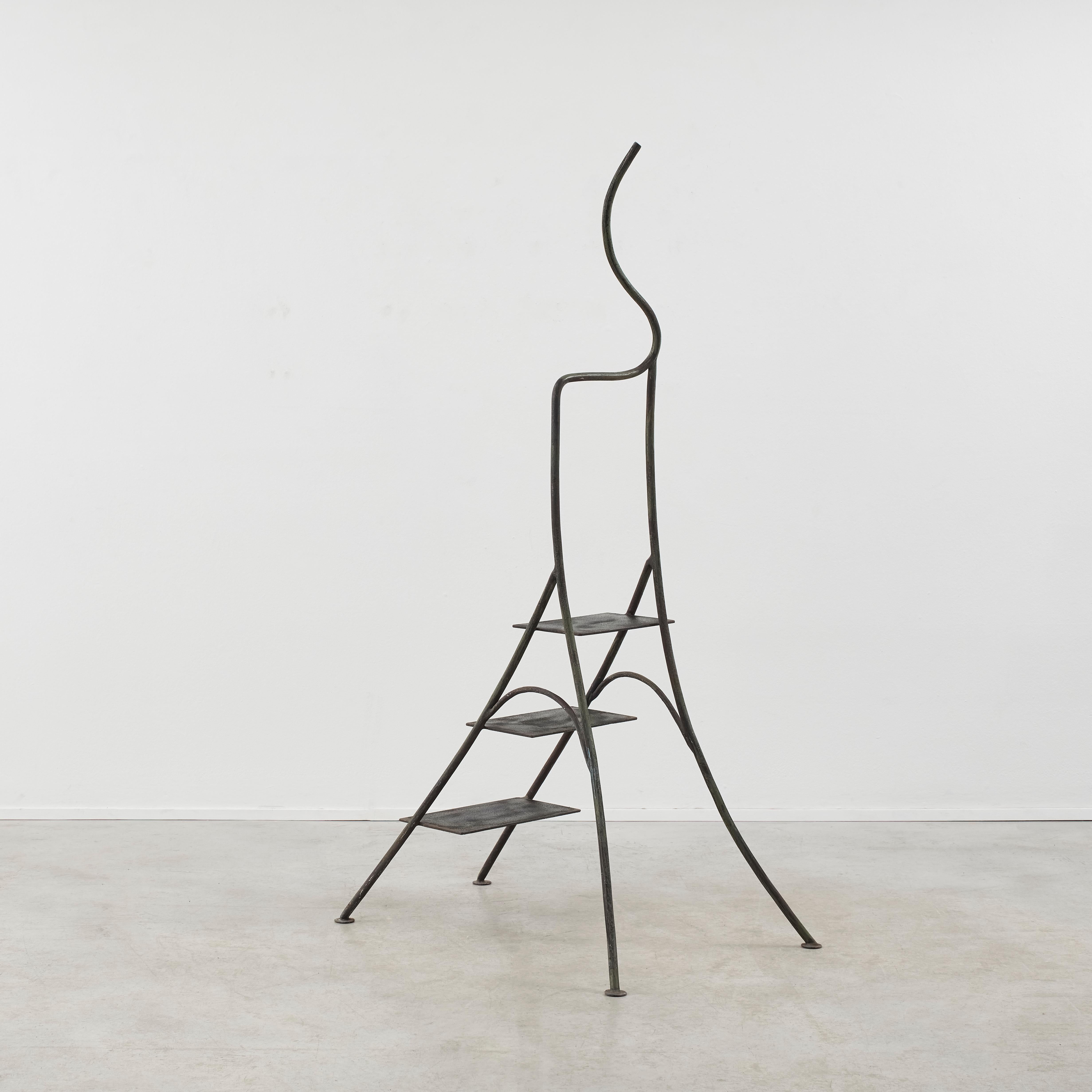 A step ladder with a flourish of the Art Nouveau. Arched, bisecting stems carry a sense of the whimsical; a sculptural, poetic take to a typically utilitarian home object. 

The piece is in good condition, featuring patination true to its