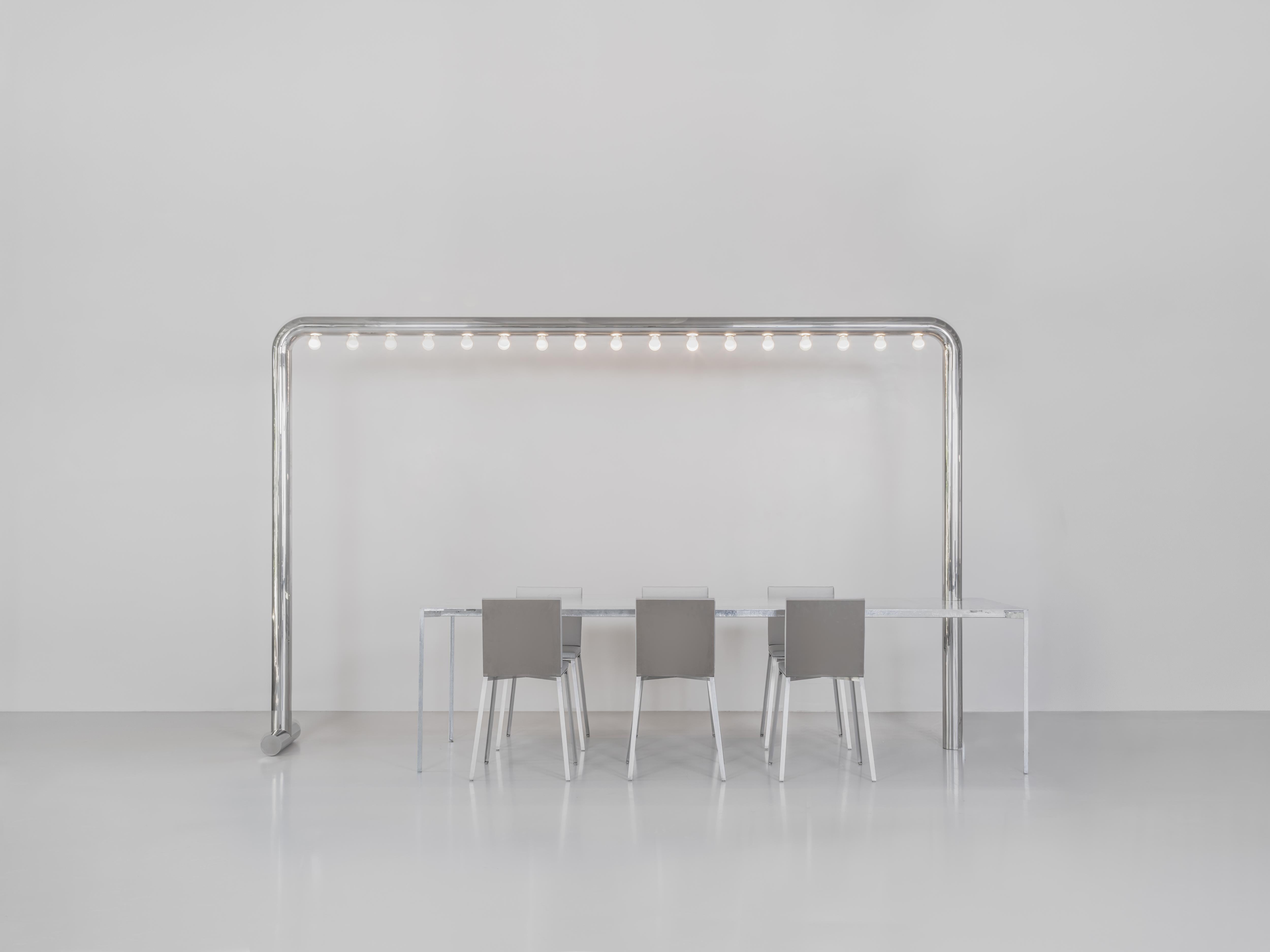 Sam Chermayeff
Dining table
From the series “Beasts”
Produced in exclusive for SIDE GALLERY
Manufactured by ERTL und ZULL
Berlin, 2021
Galvanized steel, high polished steel
Contemporary Design

Measurements
358 cm x 80 cm x 220h cm (74,5