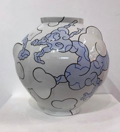 Vintage "Blue Dragon Moon Jar", Porcelain Sculpture with China Paint Illustration