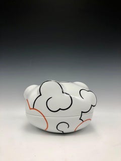 Ceramic Cloud Box - White Porcelain Box with Black and Orange Detail