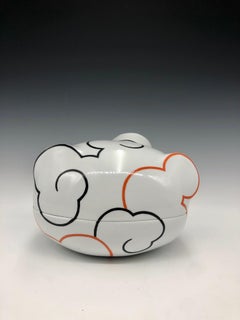 Ceramic Cloud Box - White Porcelain Box with Black and Orange Detail