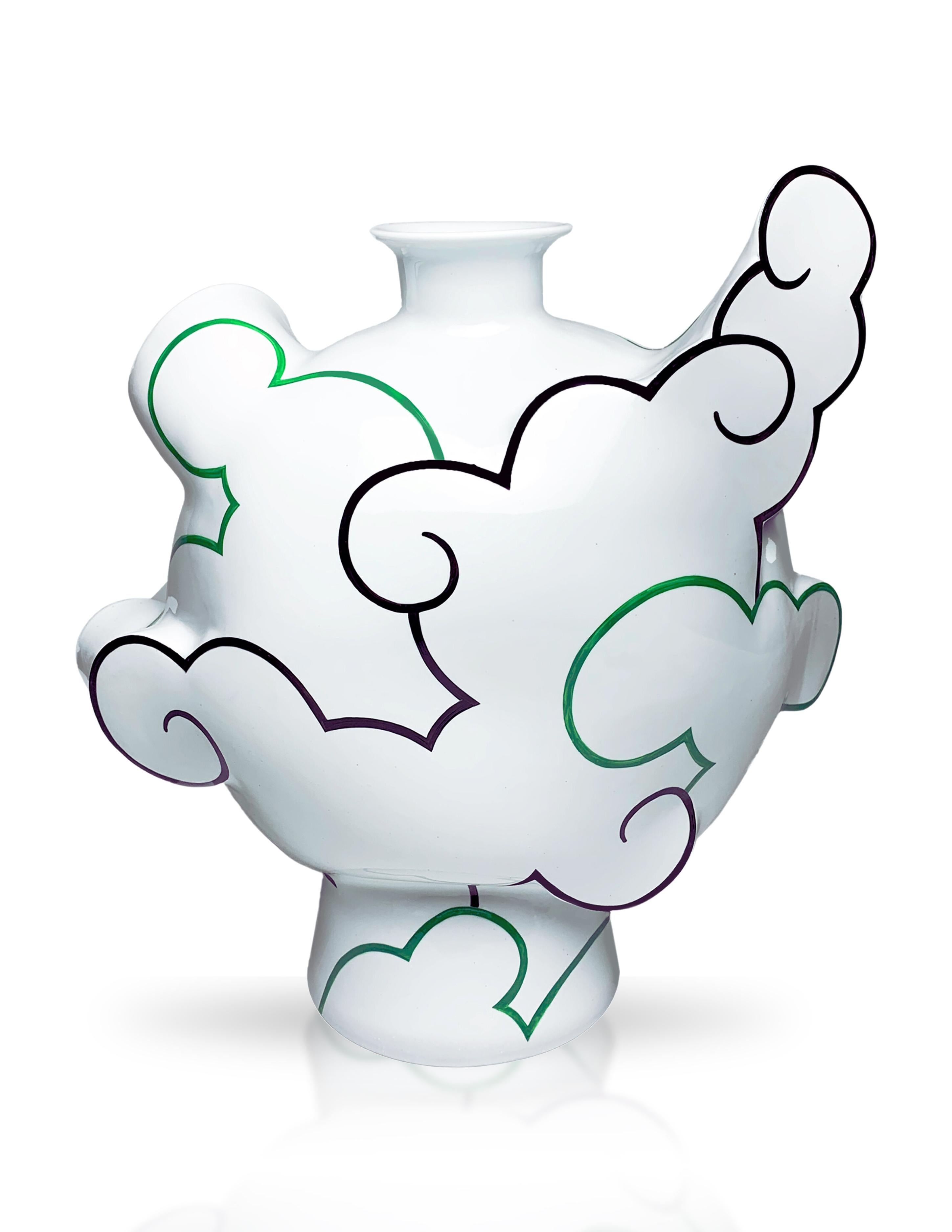Sam Chung Abstract Sculpture - "Cloud Flask", Ceramic, Vessel, Porcelain, Overglaze Paint, Clouds, Biomorphic