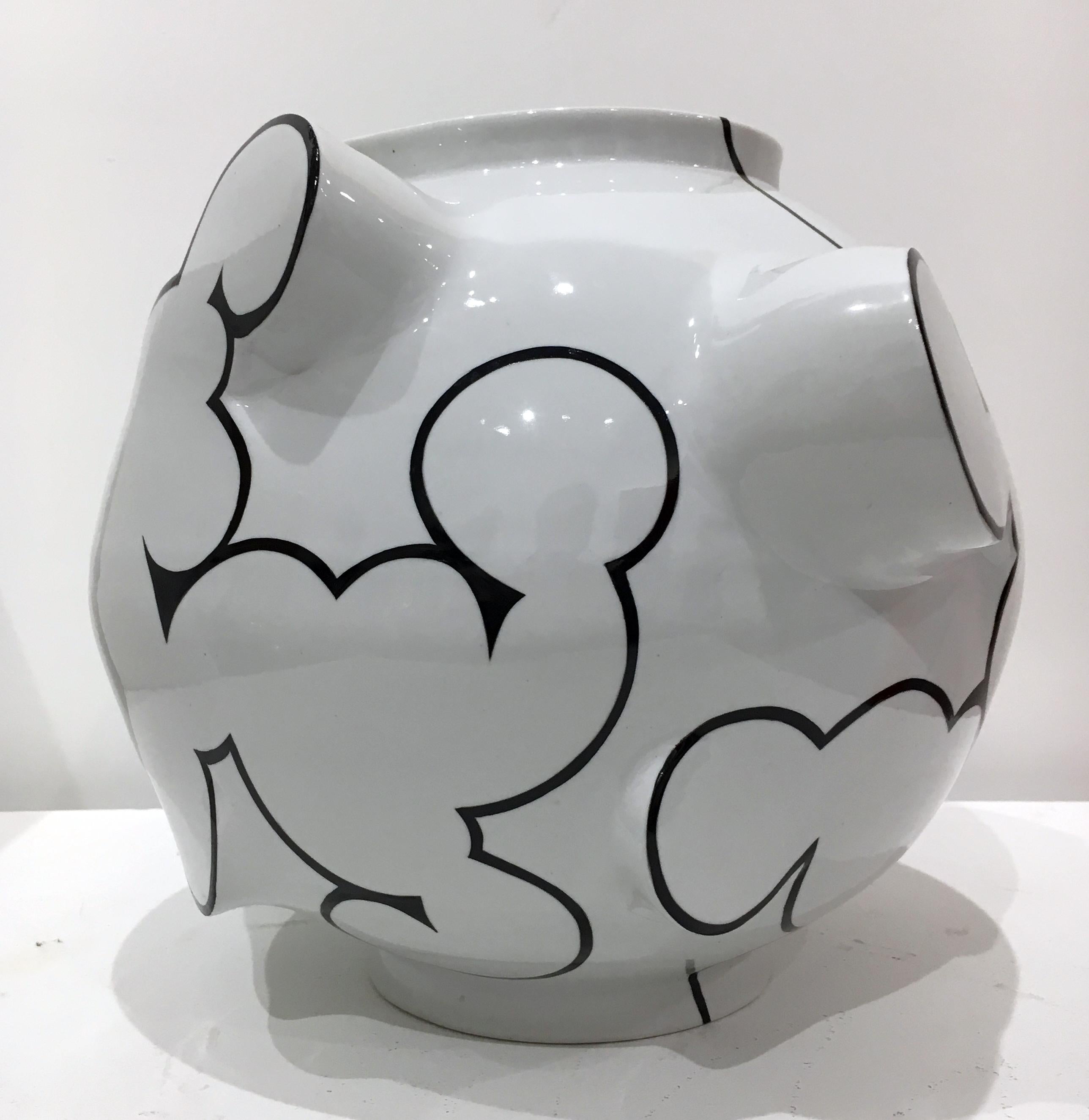 Cloud Moon Jar, Contemporary Ceramic Porcelain Sculpture with Glaze, China Paint - Gray Abstract Sculpture by Sam Chung