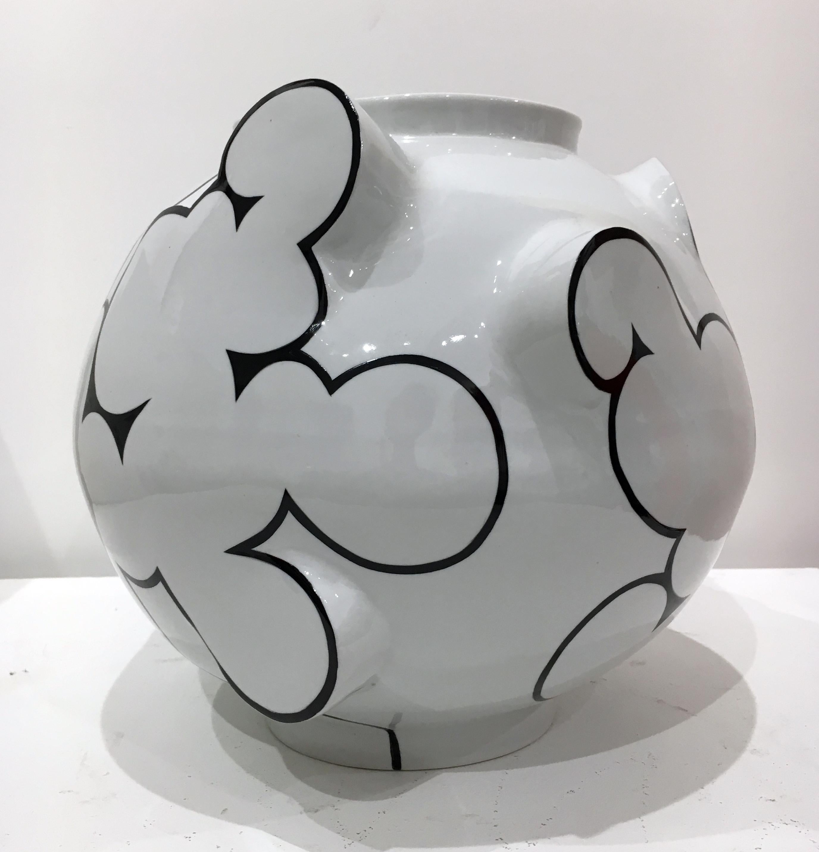 Cloud Moon Jar, Contemporary Ceramic Porcelain Sculpture with Glaze, China Paint 1