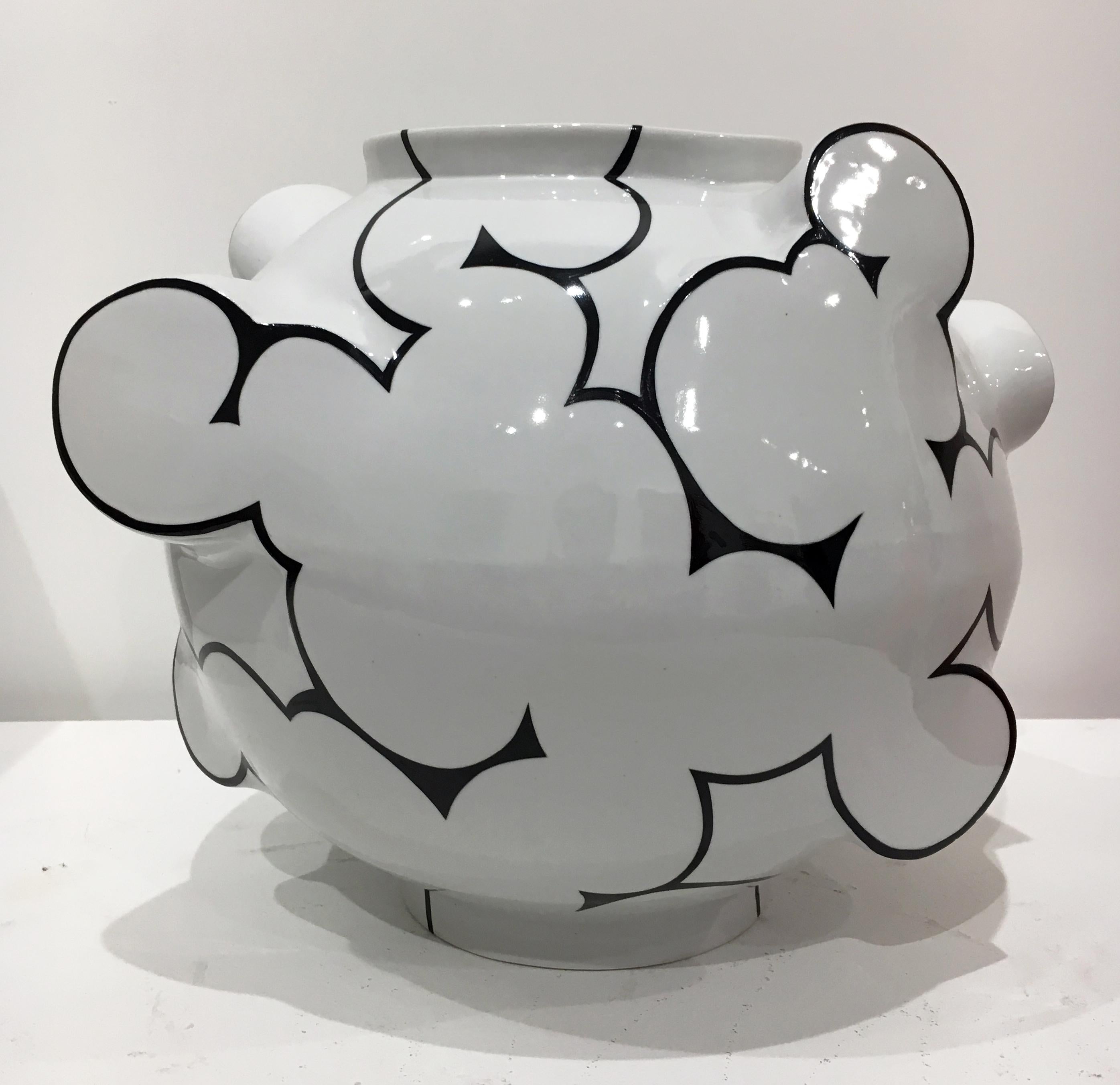 Sam Chung Abstract Sculpture - Cloud Moon Jar, Contemporary Ceramic Porcelain Sculpture with Glaze, China Paint