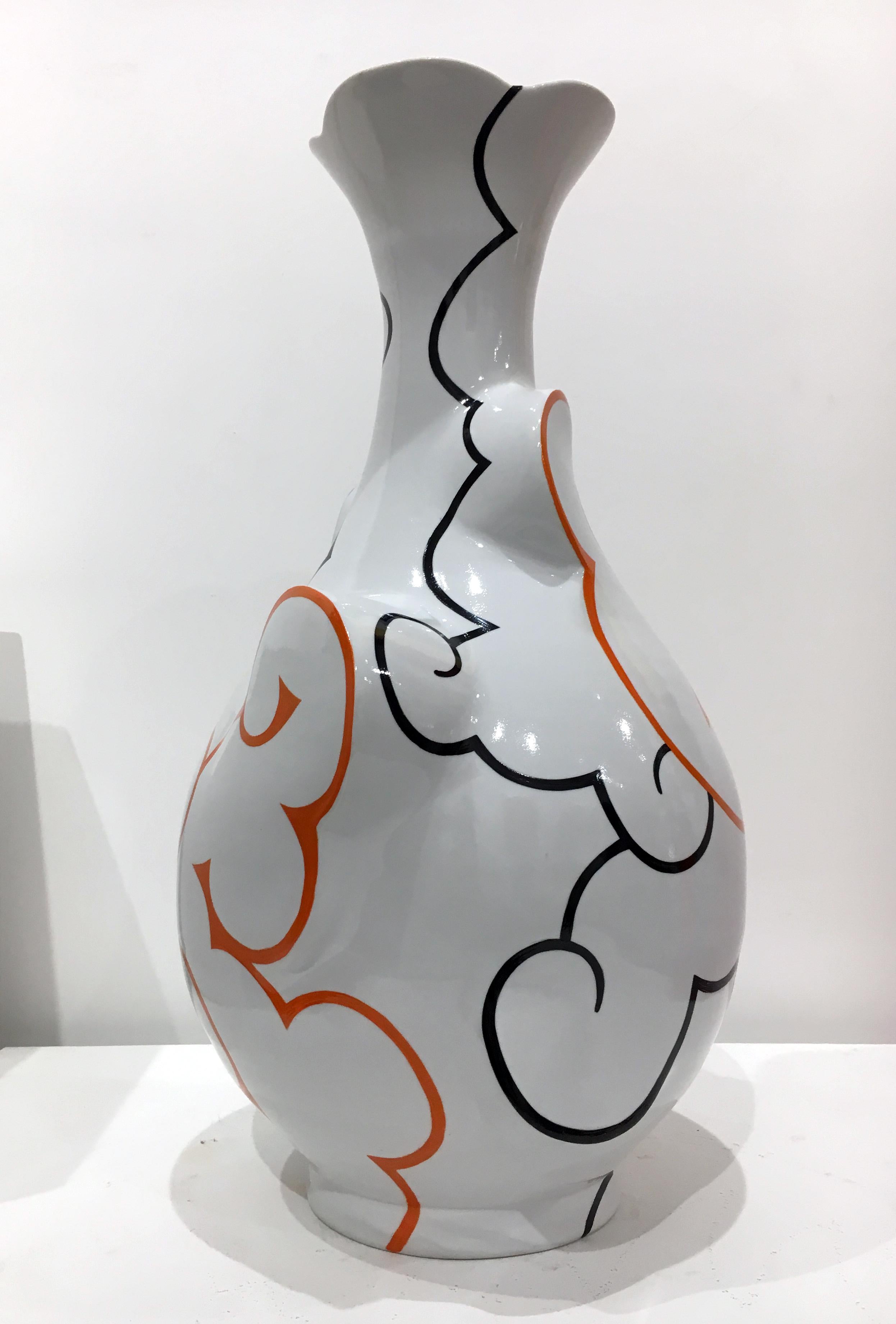 Flared Cloud Pear Bottle, Contemporary Ceramic Sculpture, Porcelain, China Paint - Gray Abstract Sculpture by Sam Chung