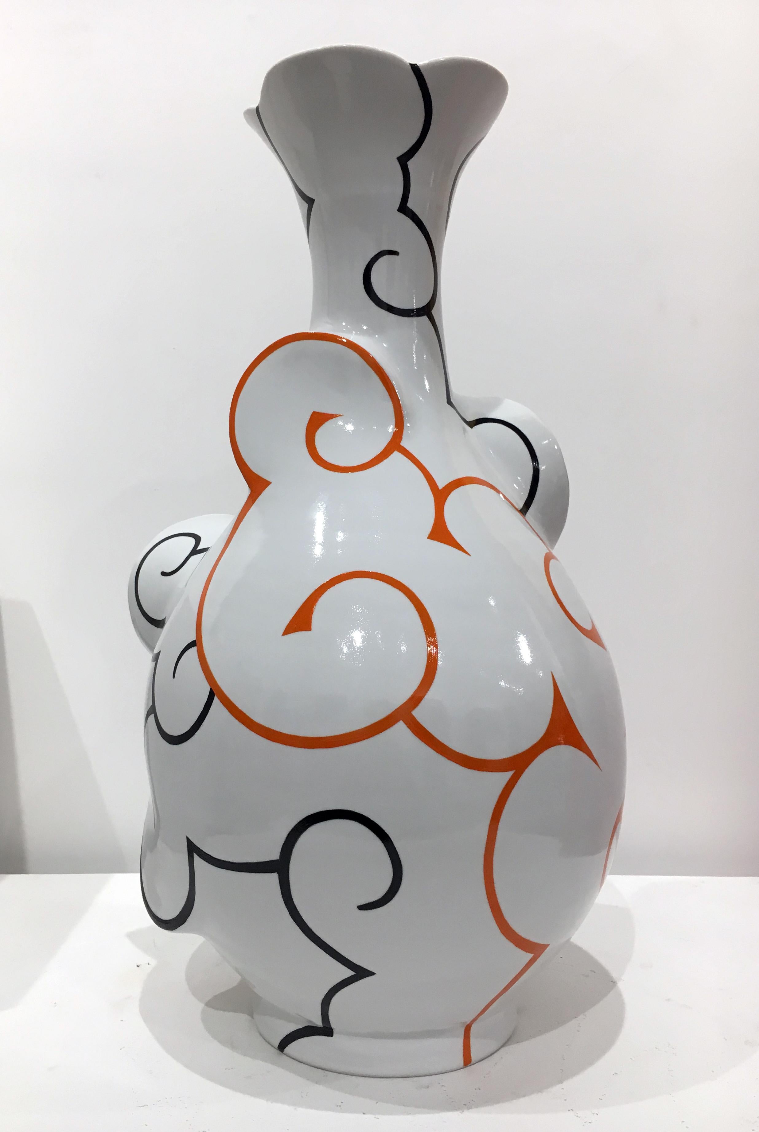 Sam Chung Abstract Sculpture - Flared Cloud Pear Bottle, Contemporary Ceramic Sculpture, Porcelain, China Paint