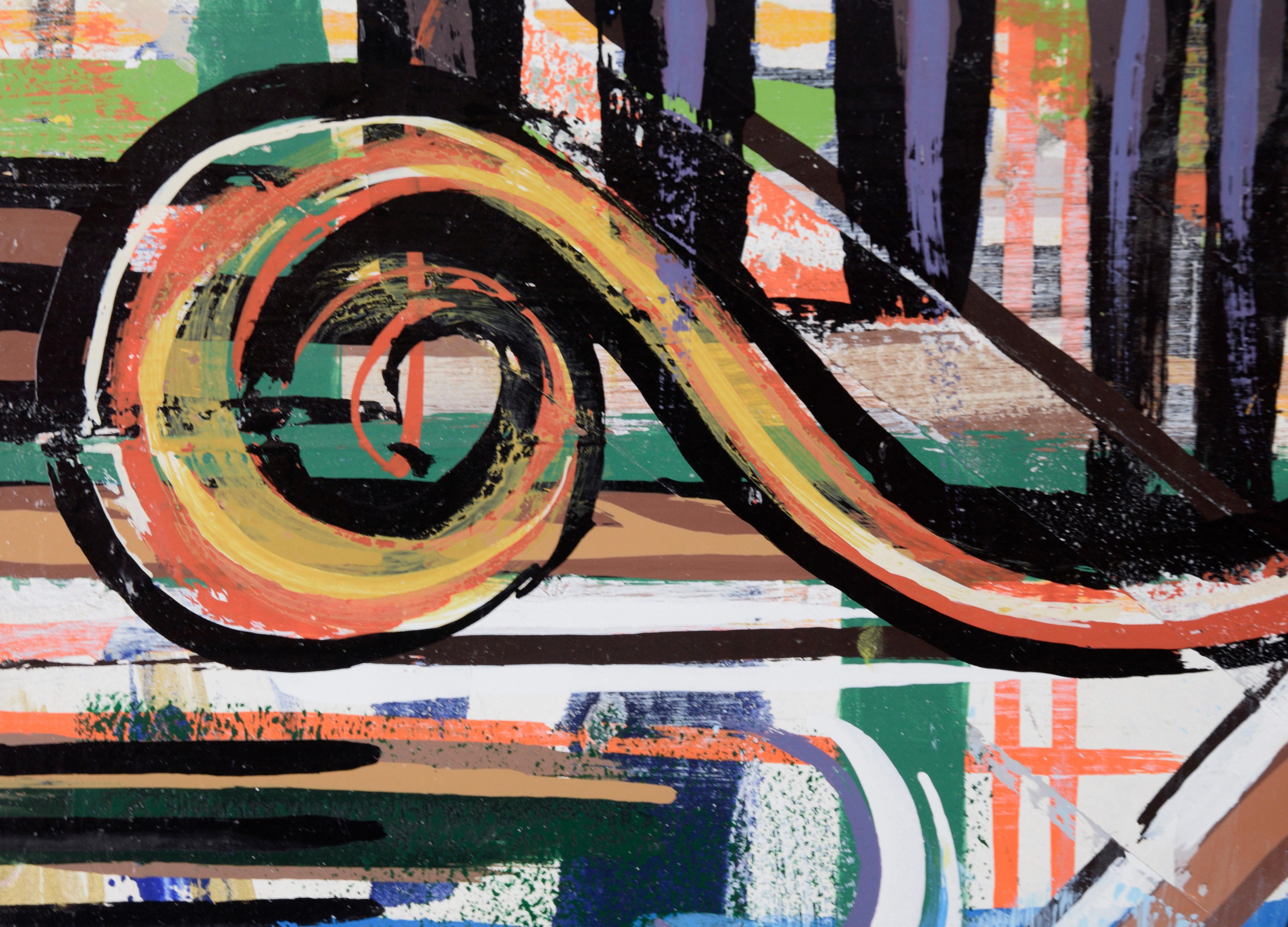 „Abstrakte geometrische Komposition“ – Abstrakte Komposition aus Acryl auf Holzplatte – Painting von Sam Dantone