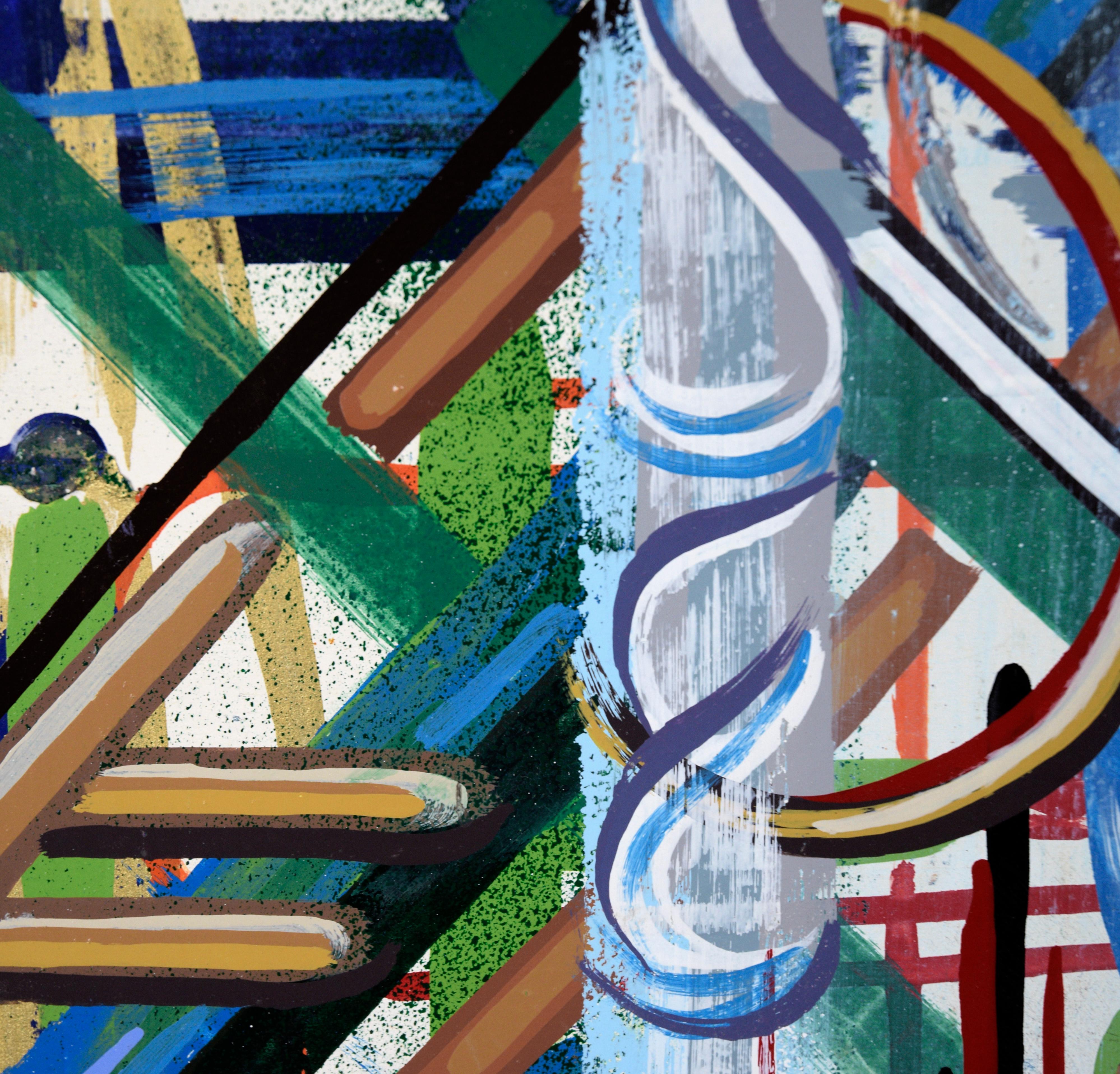 „Abstrakte geometrische Komposition“ – Abstrakte Komposition aus Acryl auf Holzplatte (Beige), Abstract Painting, von Sam Dantone