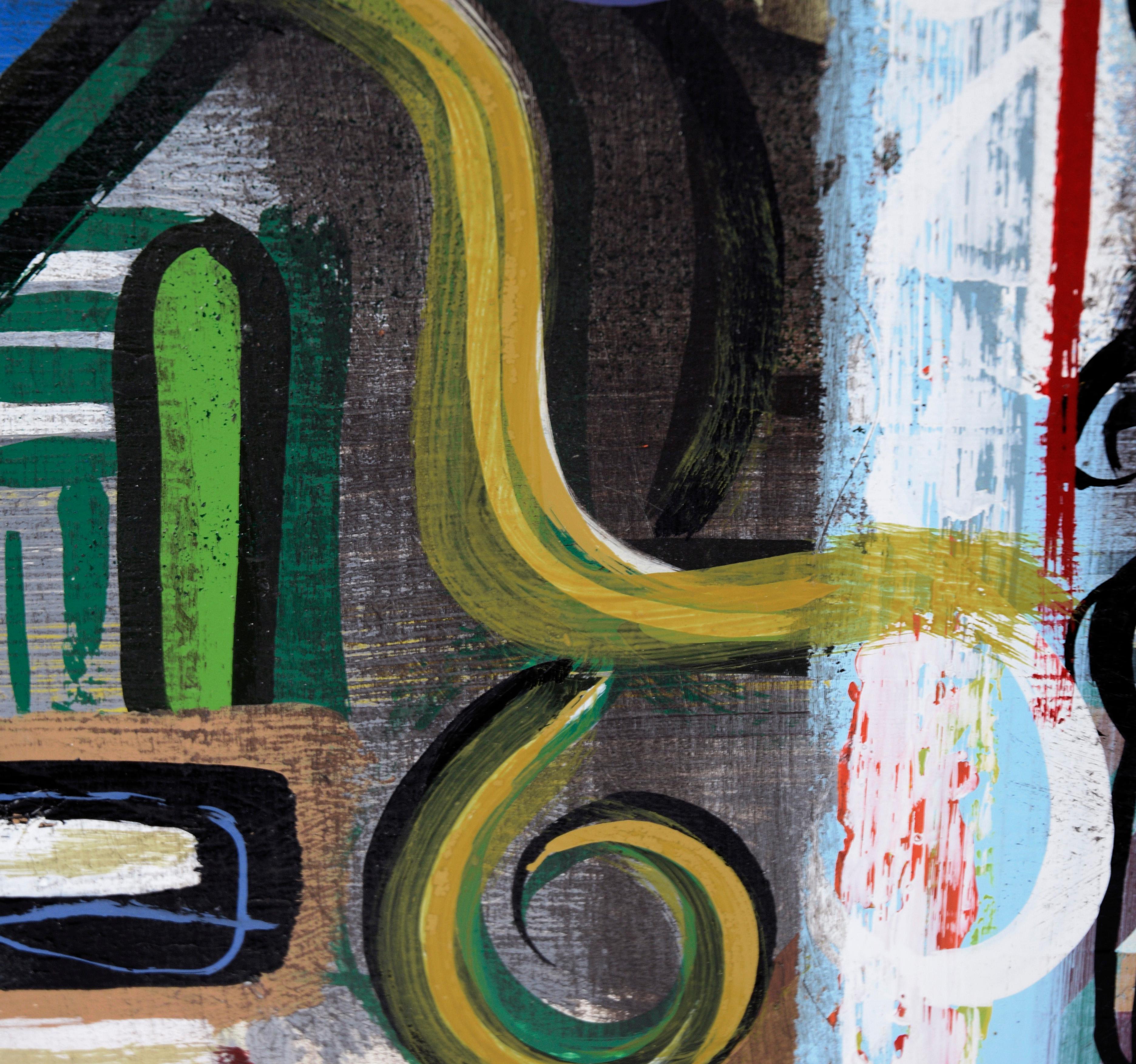 „Abstrakte geometrische Komposition“ – Abstrakte Komposition aus Acryl auf Holzplatte im Angebot 1