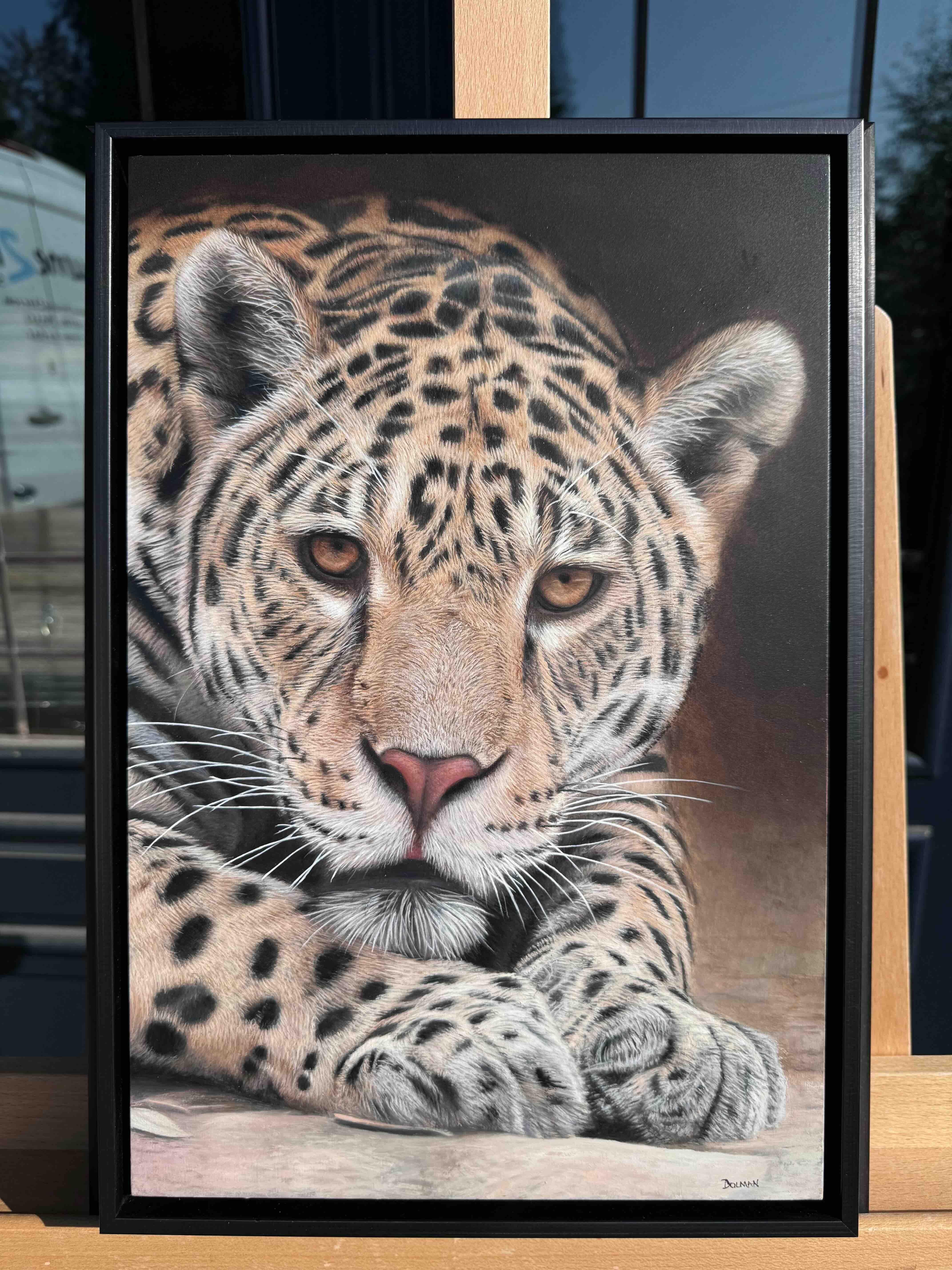 Goldie (Jaguar), Photorealist Portrait Painting of Jaguar on Aluminium - Gray Animal Painting by Sam Dolman